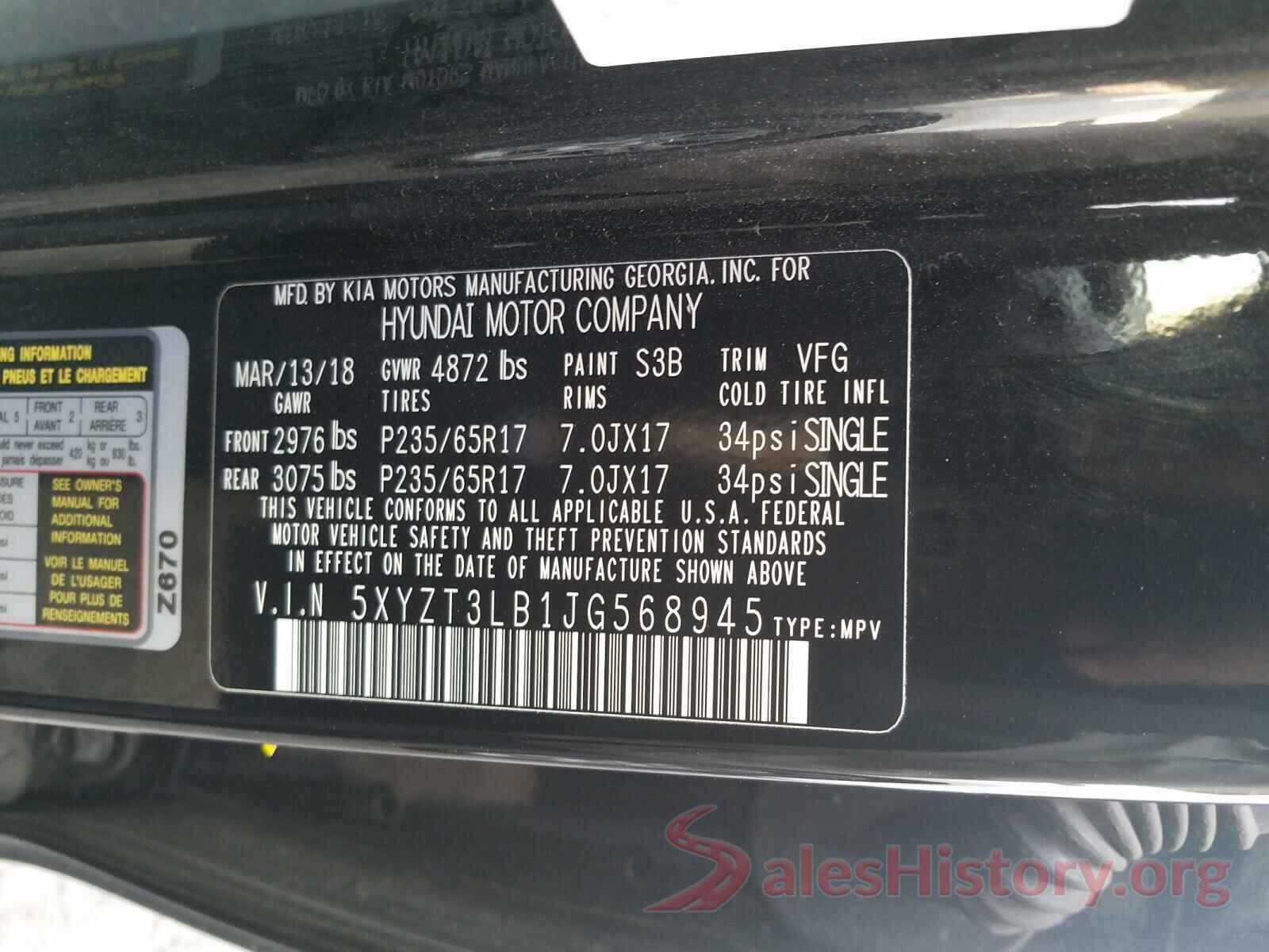 5XYZT3LB1JG568945 2018 HYUNDAI SANTA FE