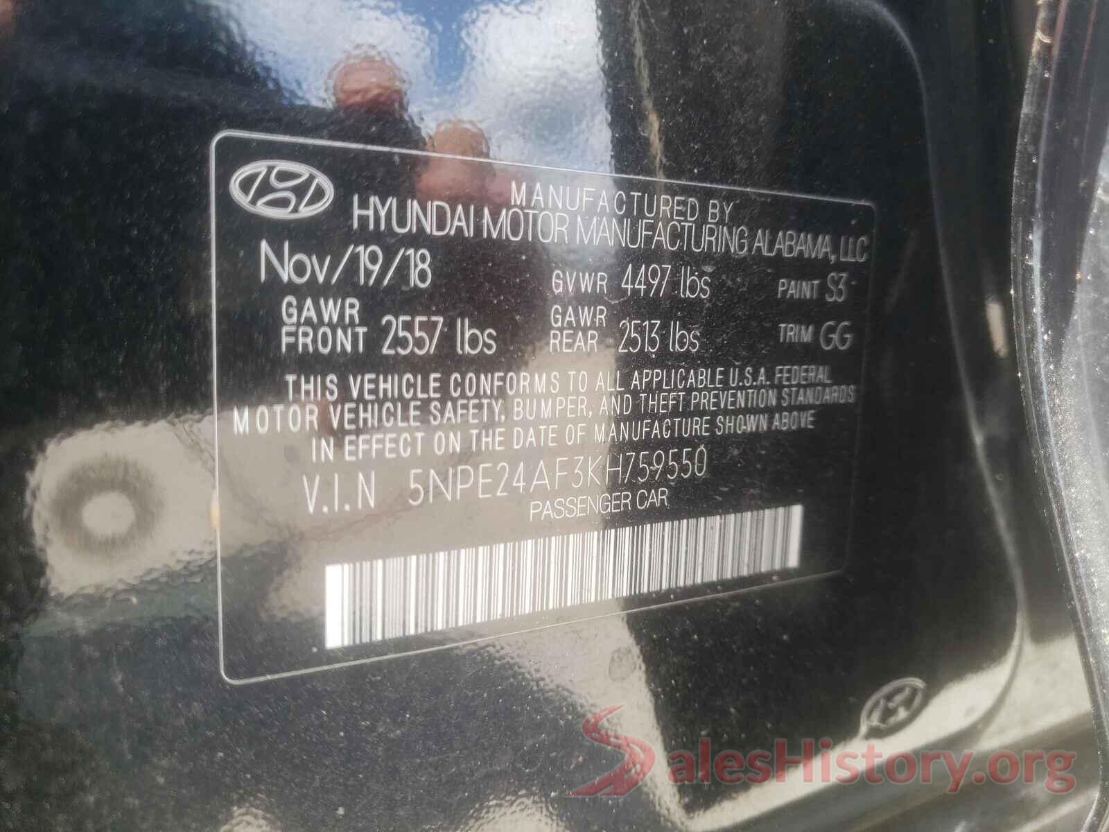 5NPE24AF3KH759550 2019 HYUNDAI SONATA