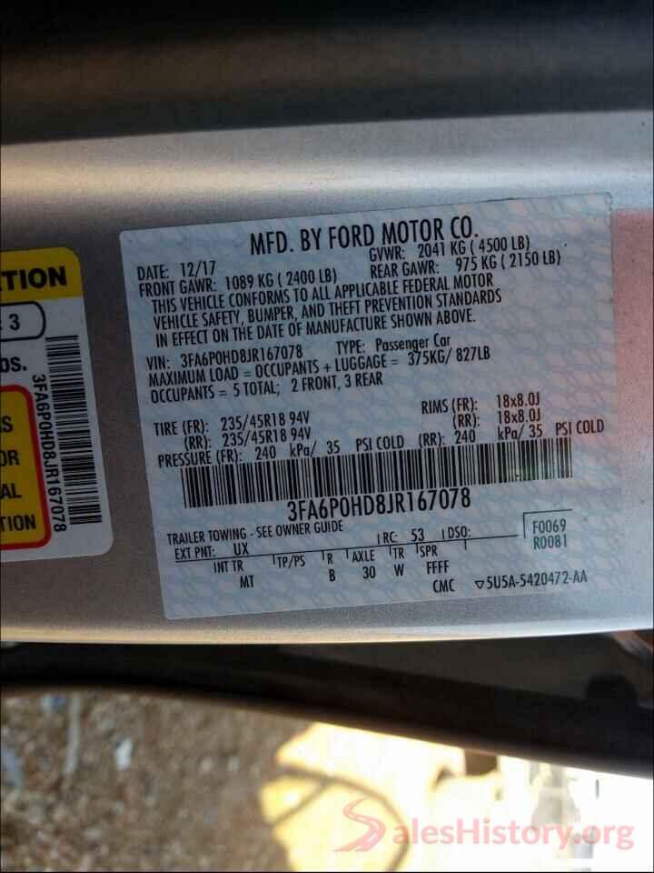 3FA6P0HD8JR167078 2018 FORD FUSION