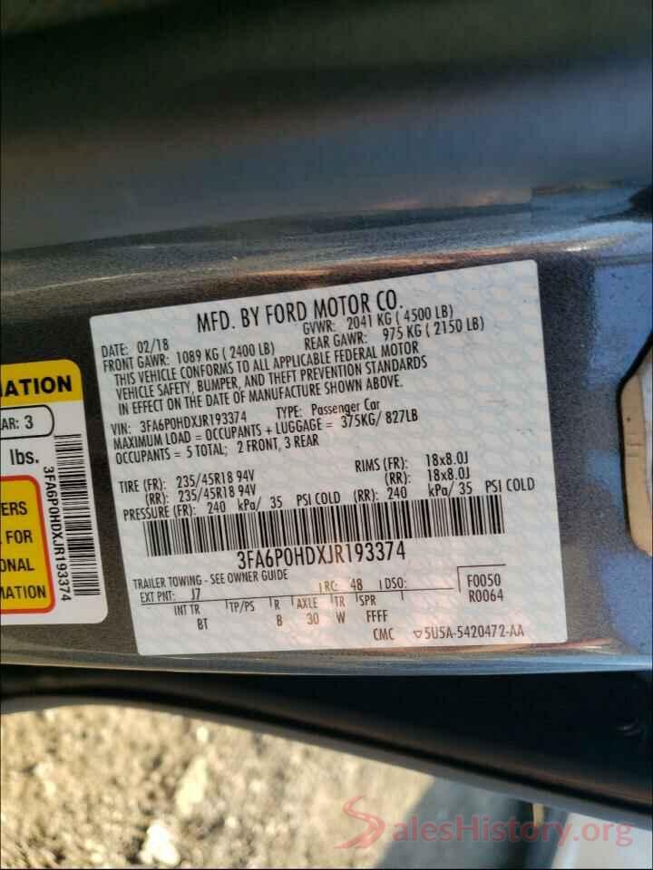 3FA6P0HDXJR193374 2018 FORD FUSION