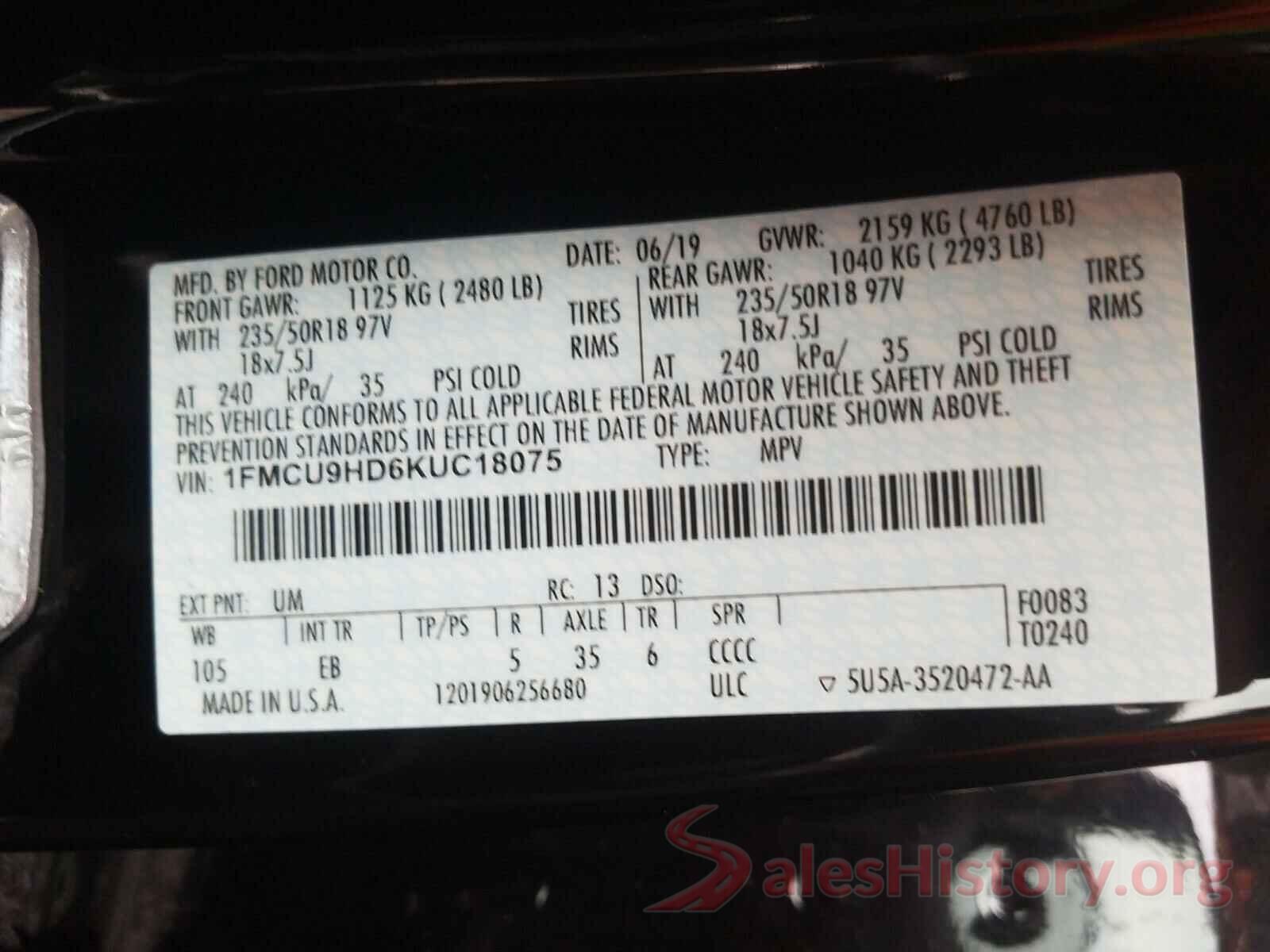 1FMCU9HD6KUC18075 2019 FORD ESCAPE