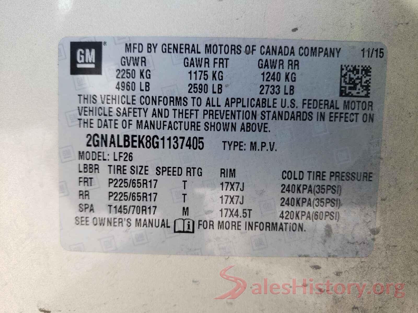 2GNALBEK8G1137405 2016 CHEVROLET EQUINOX