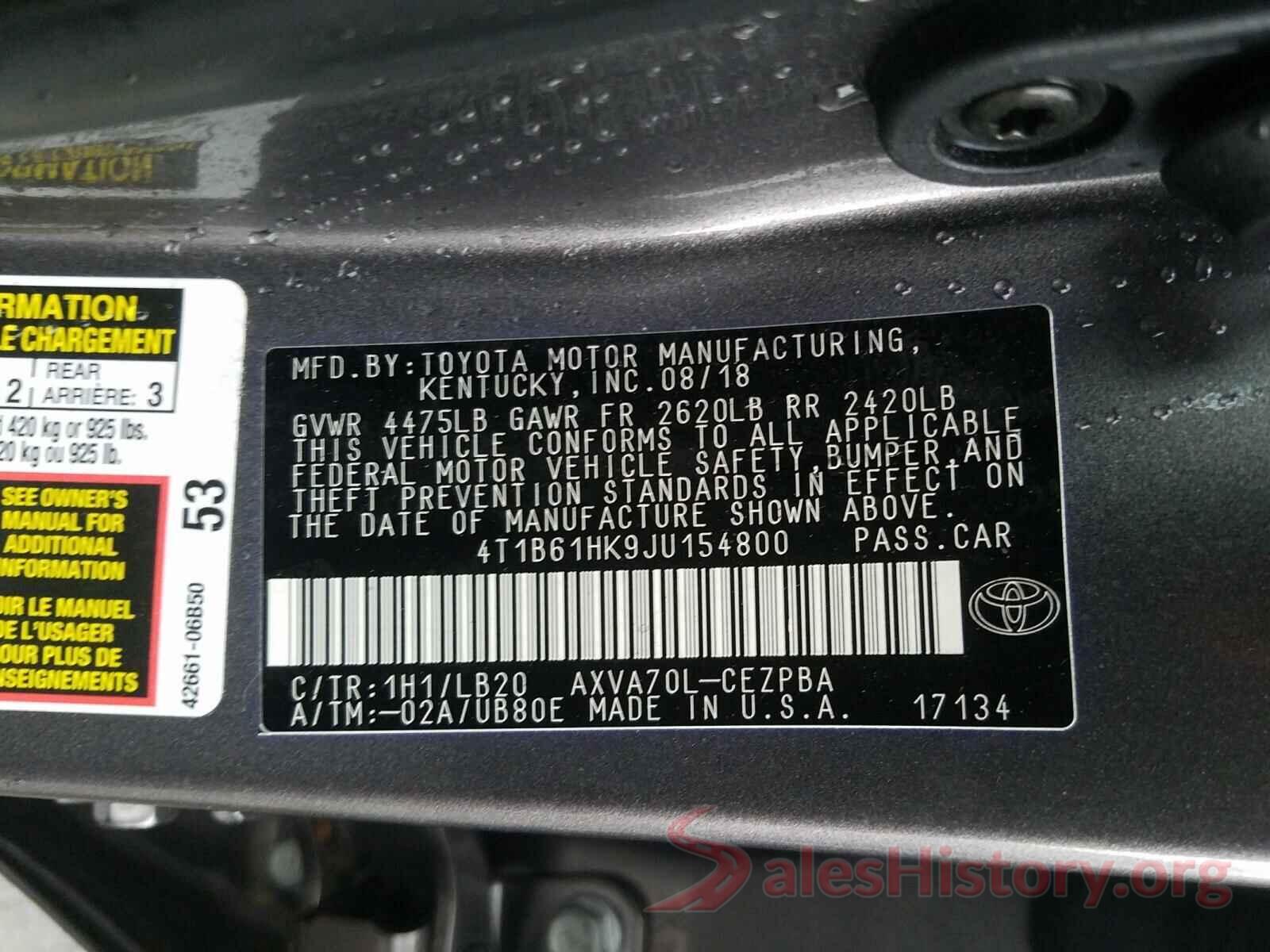 4T1B61HK9JU154800 2018 TOYOTA CAMRY