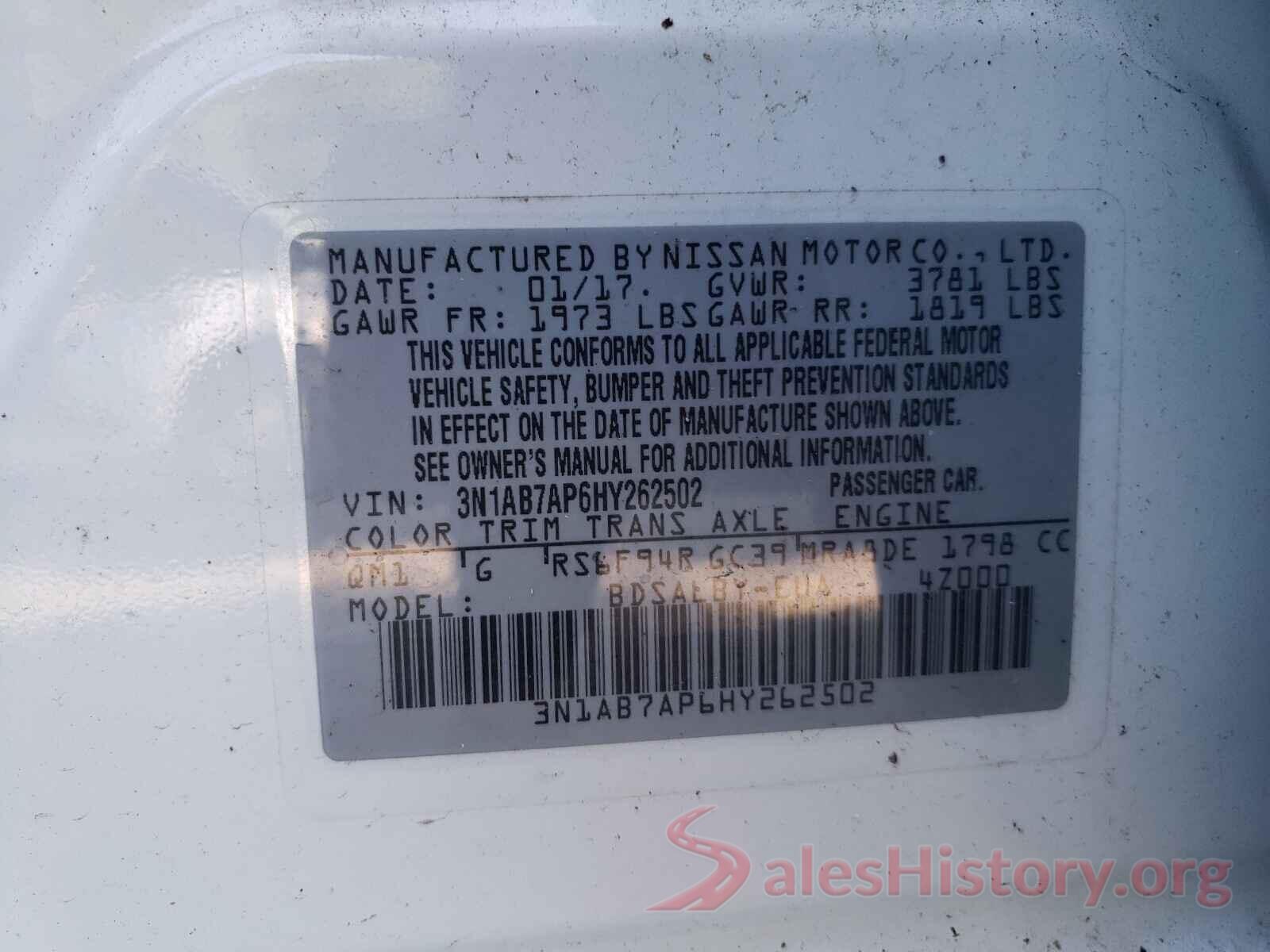 3N1AB7AP6HY262502 2017 NISSAN SENTRA