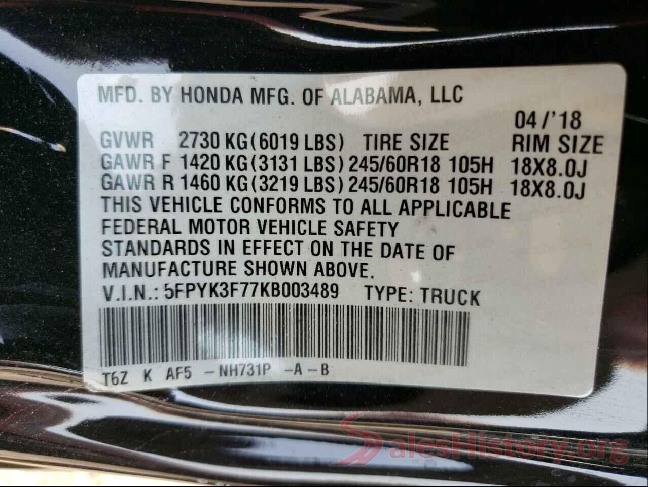 5FPYK3F77KB003489 2019 HONDA RIDGELINE