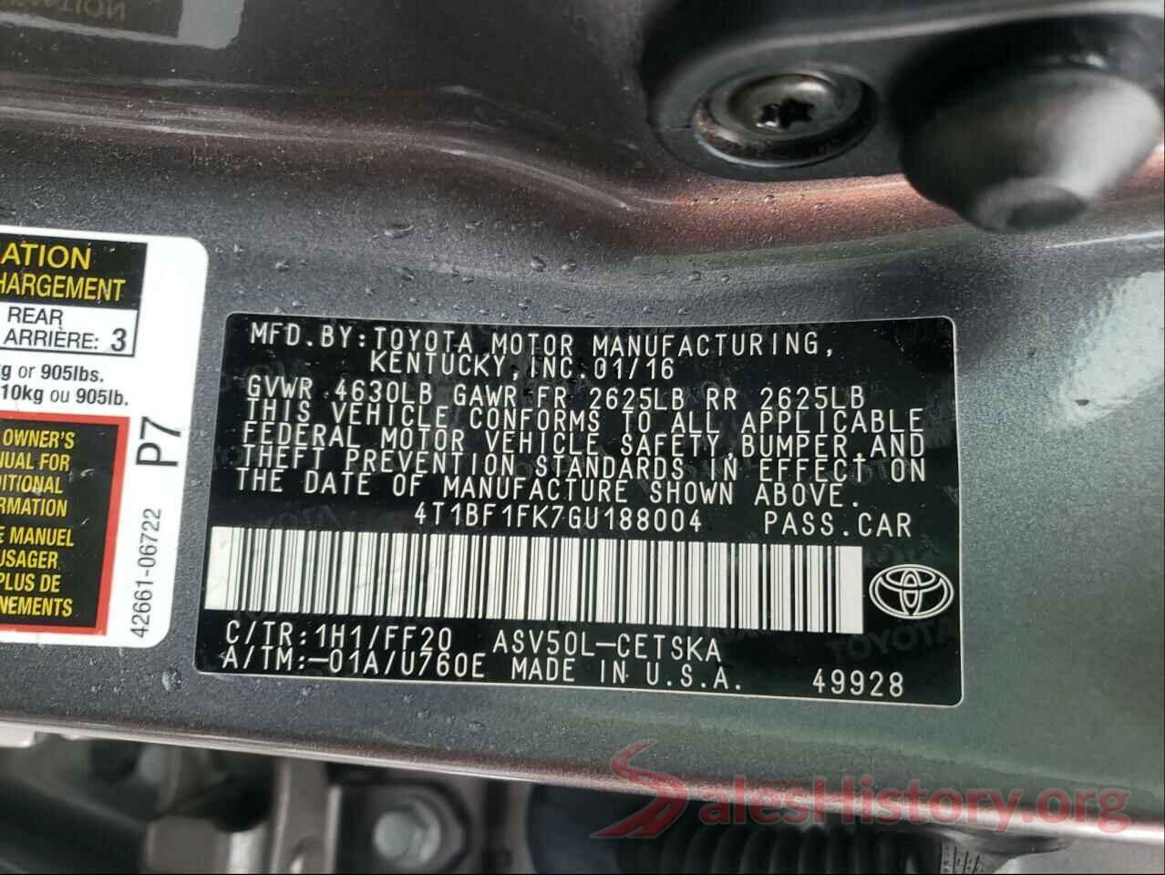 4T1BF1FK7GU188004 2016 TOYOTA CAMRY