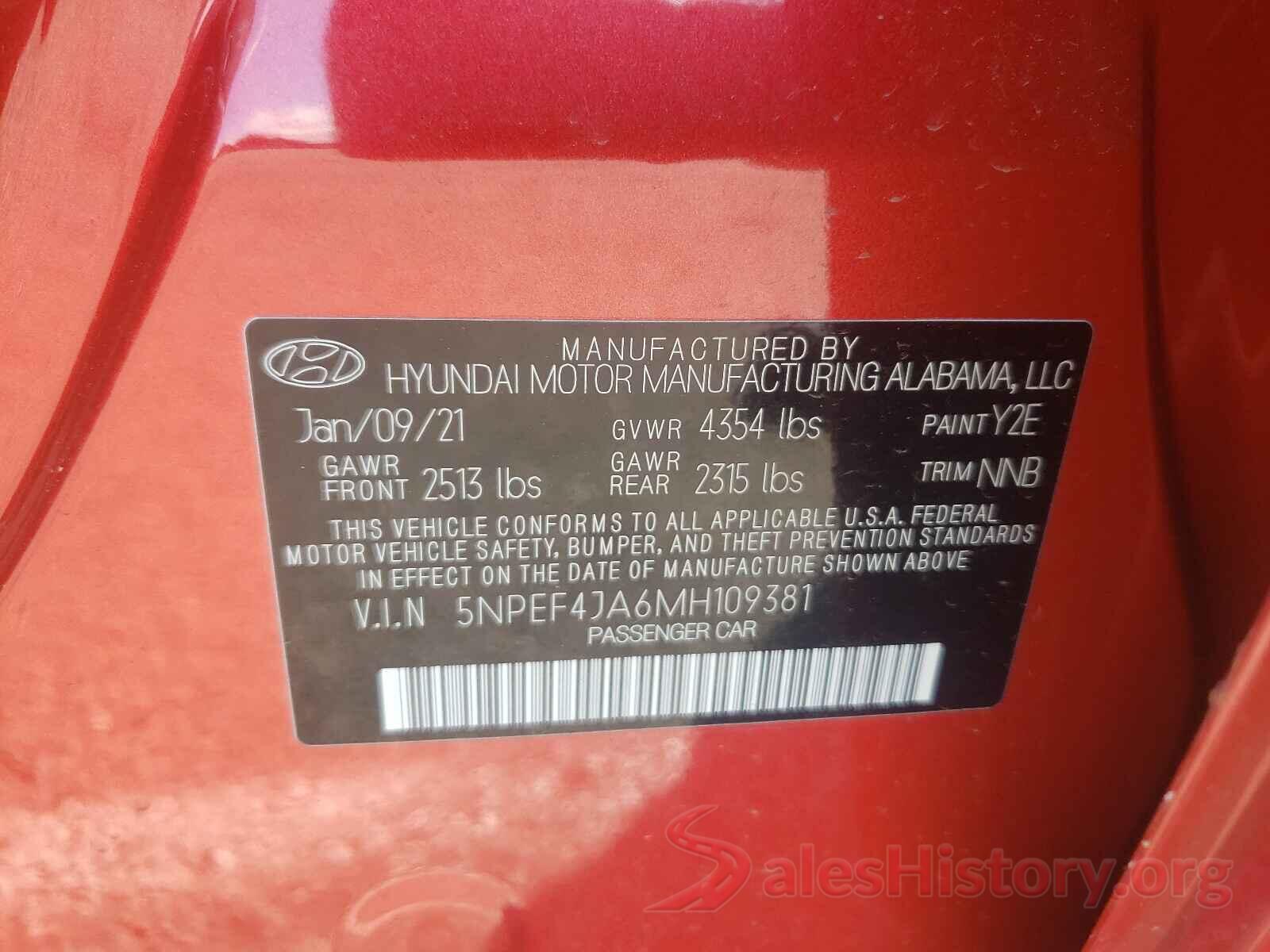 5NPEF4JA6MH109381 2021 HYUNDAI SONATA