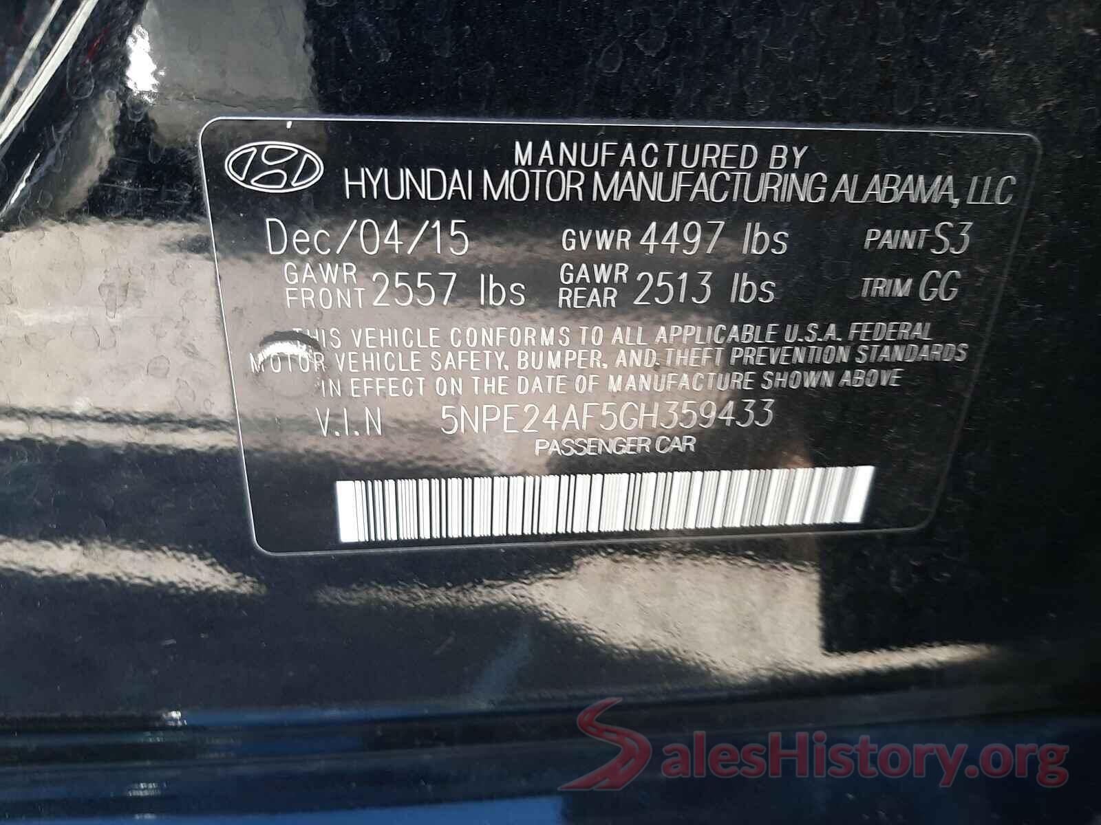 5NPE24AF5GH359433 2016 HYUNDAI SONATA