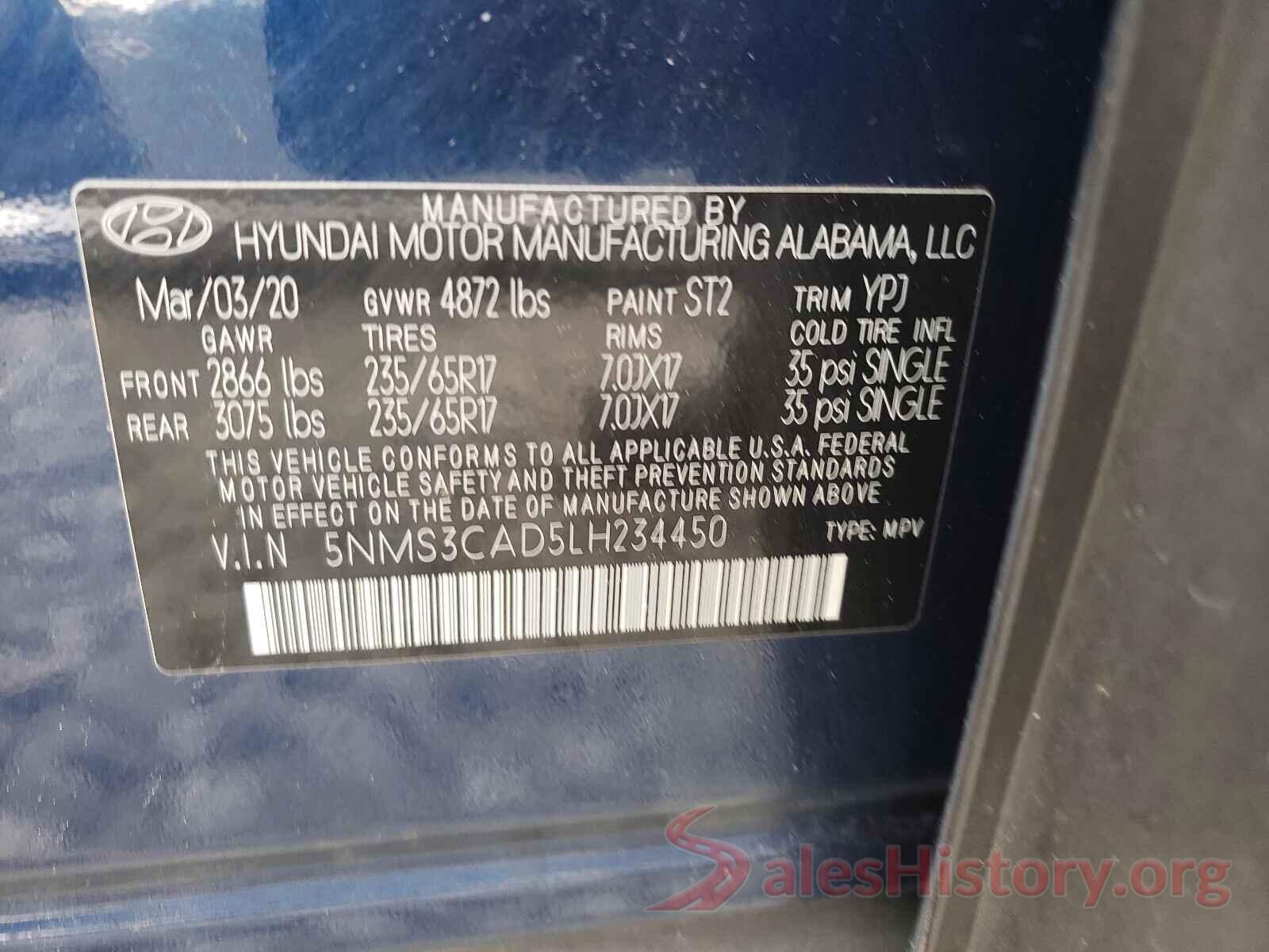 5NMS3CAD5LH234450 2020 HYUNDAI SANTA FE