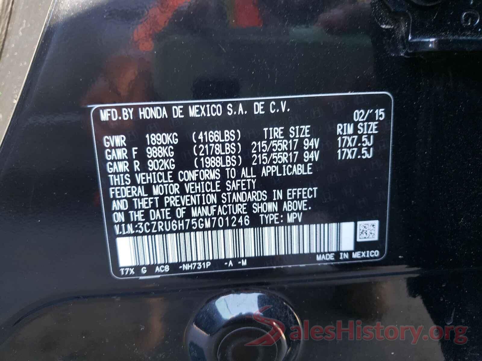 3CZRU6H75GM701246 2016 HONDA HR-V