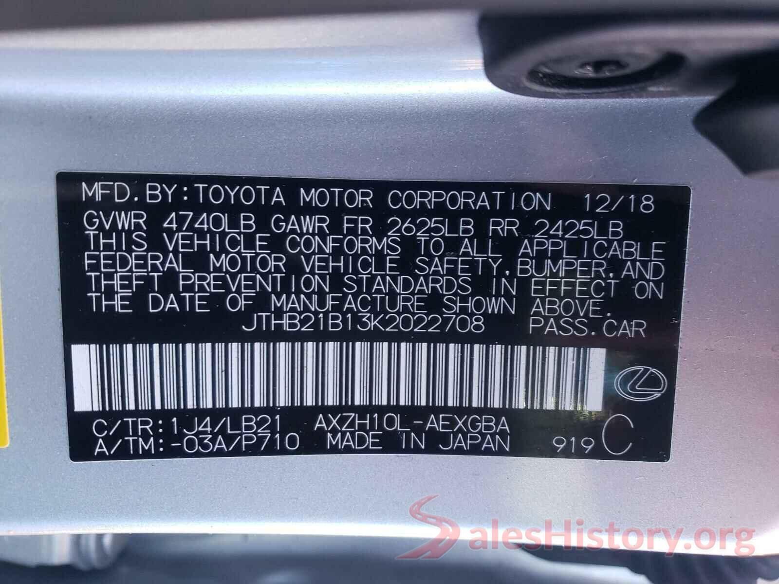 JTHB21B13K2022708 2019 LEXUS ES300