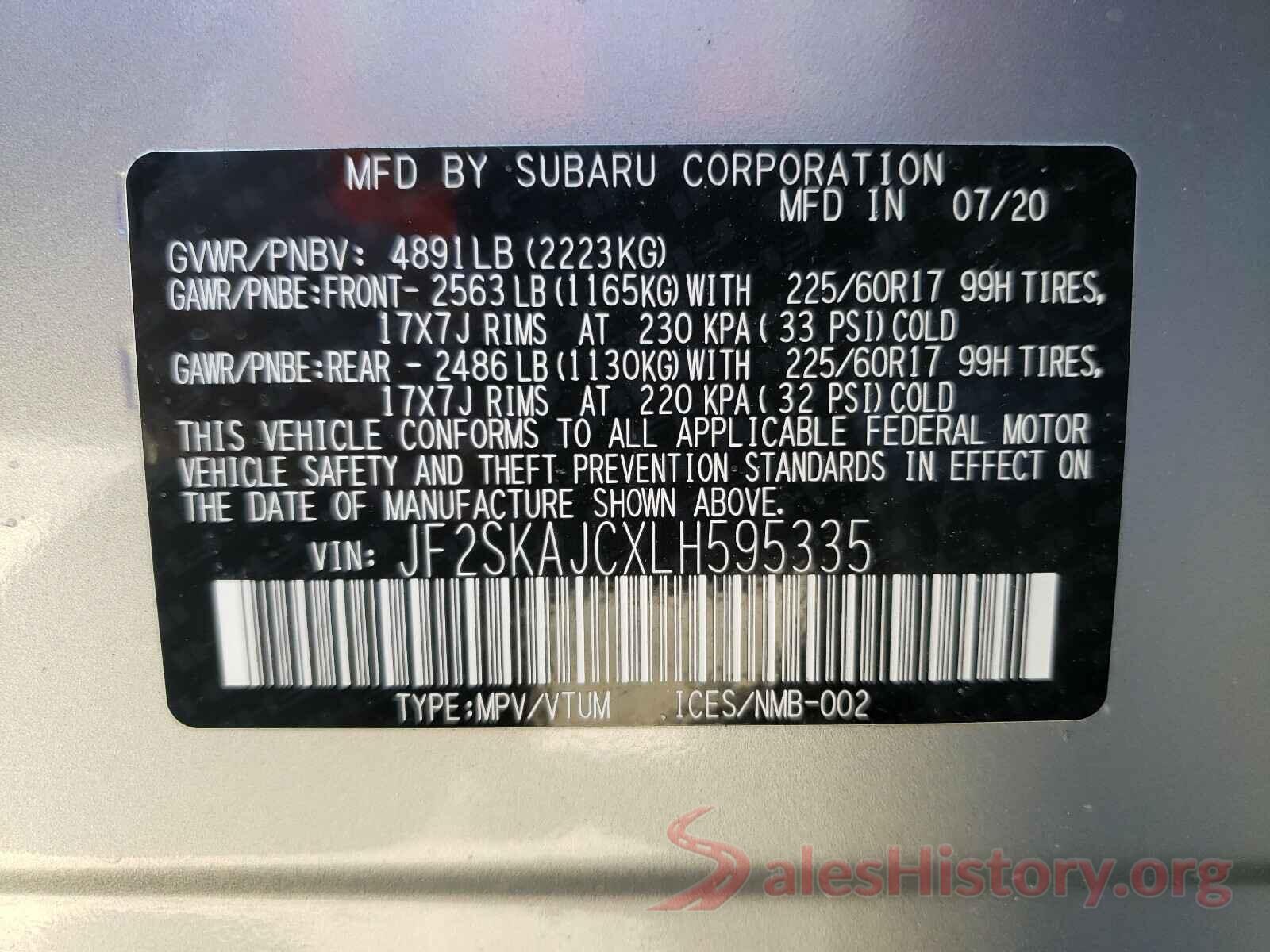 JF2SKAJCXLH595335 2020 SUBARU FORESTER