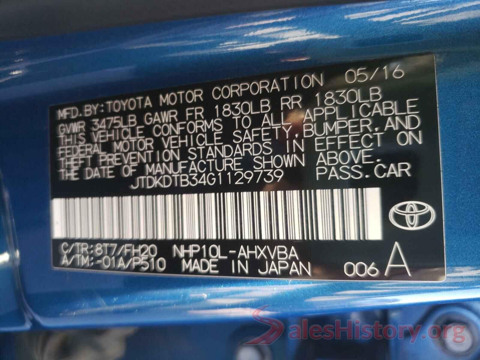 JTDKDTB34G1129739 2016 TOYOTA PRIUS