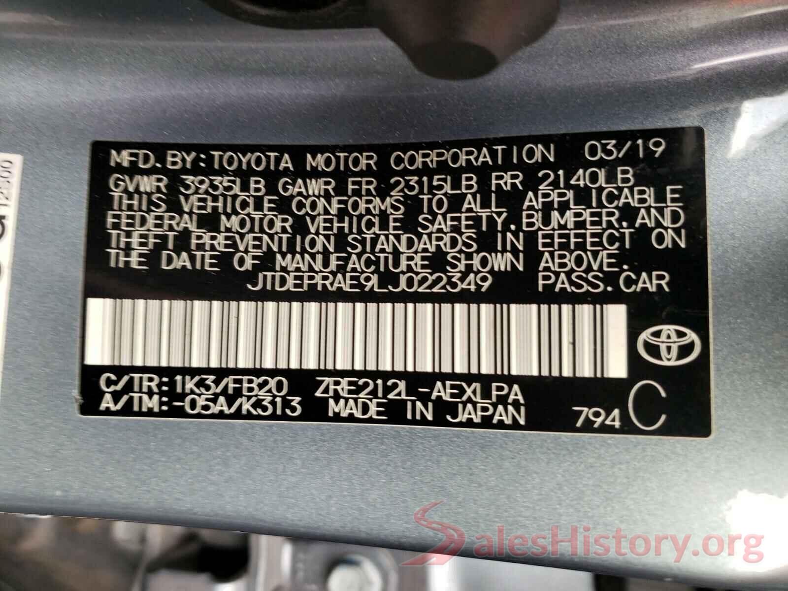 JTDEPRAE9LJ022349 2020 TOYOTA COROLLA