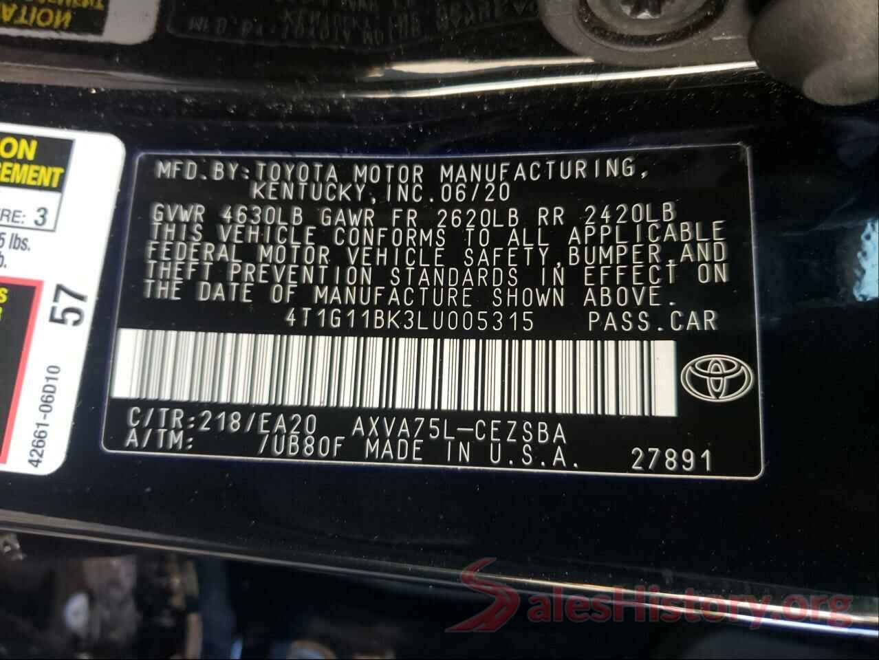 4T1G11BK3LU005315 2020 TOYOTA CAMRY