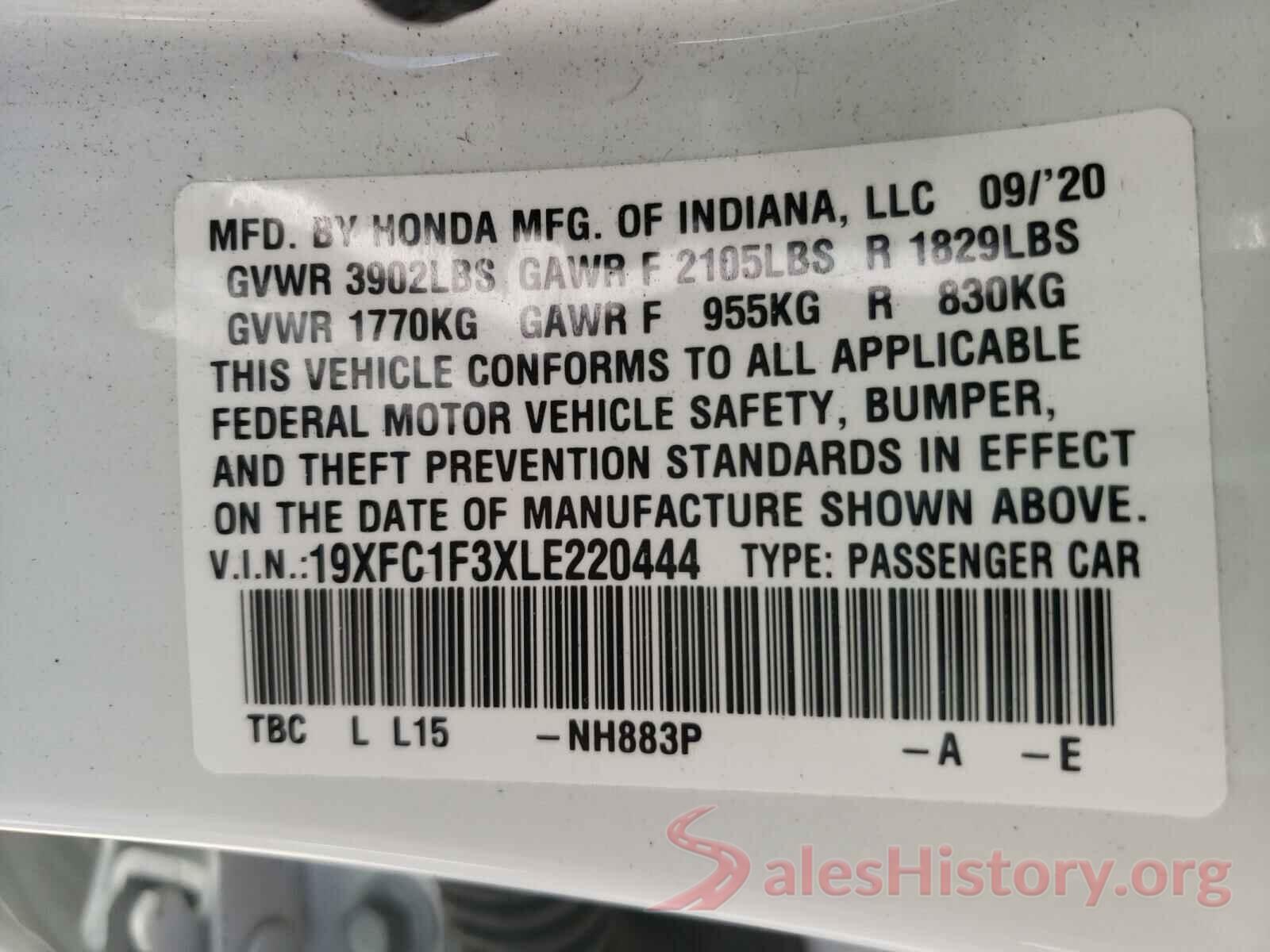 19XFC1F3XLE220444 2020 HONDA CIVIC