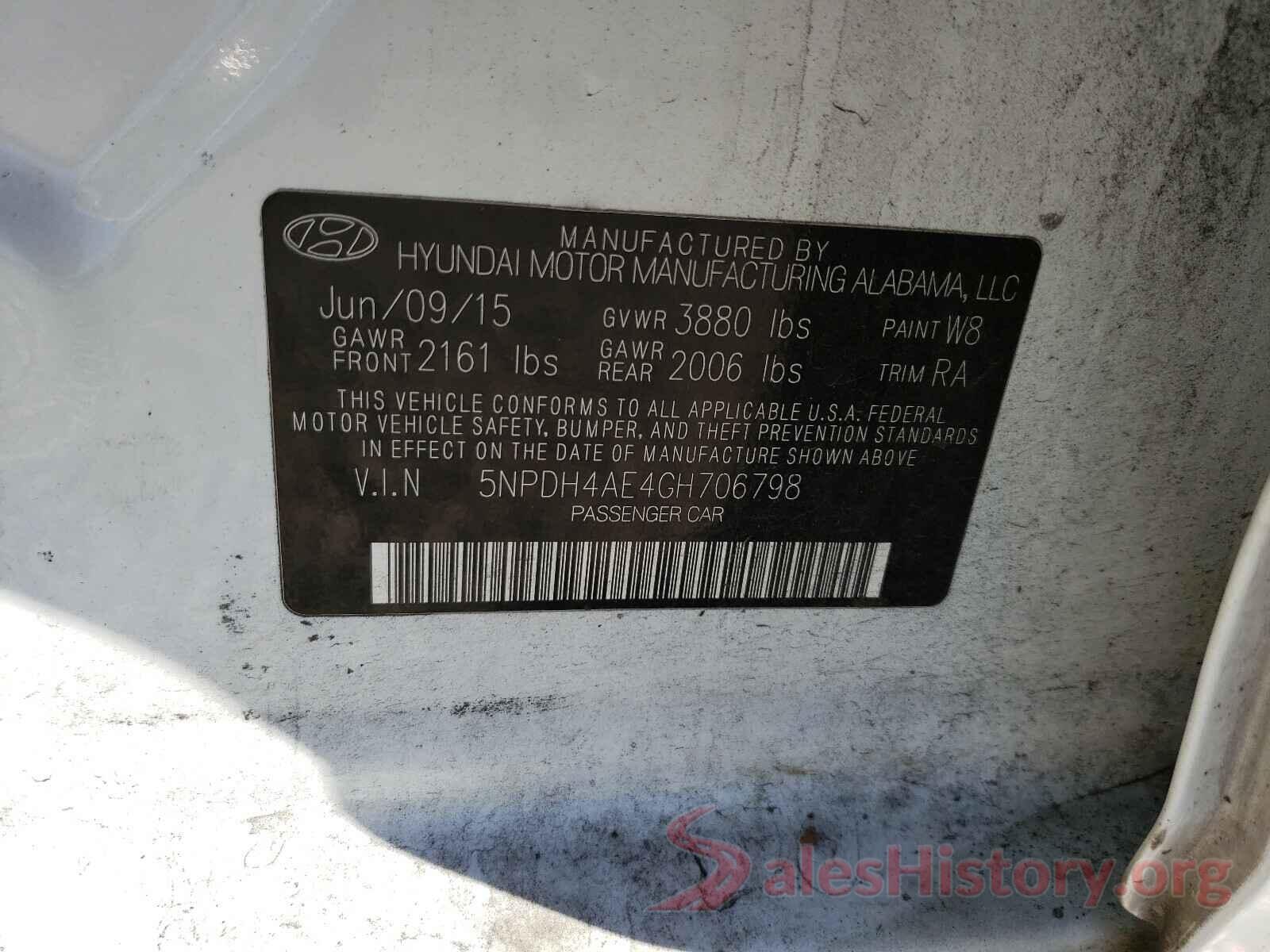 5NPDH4AE4GH706798 2016 HYUNDAI ELANTRA