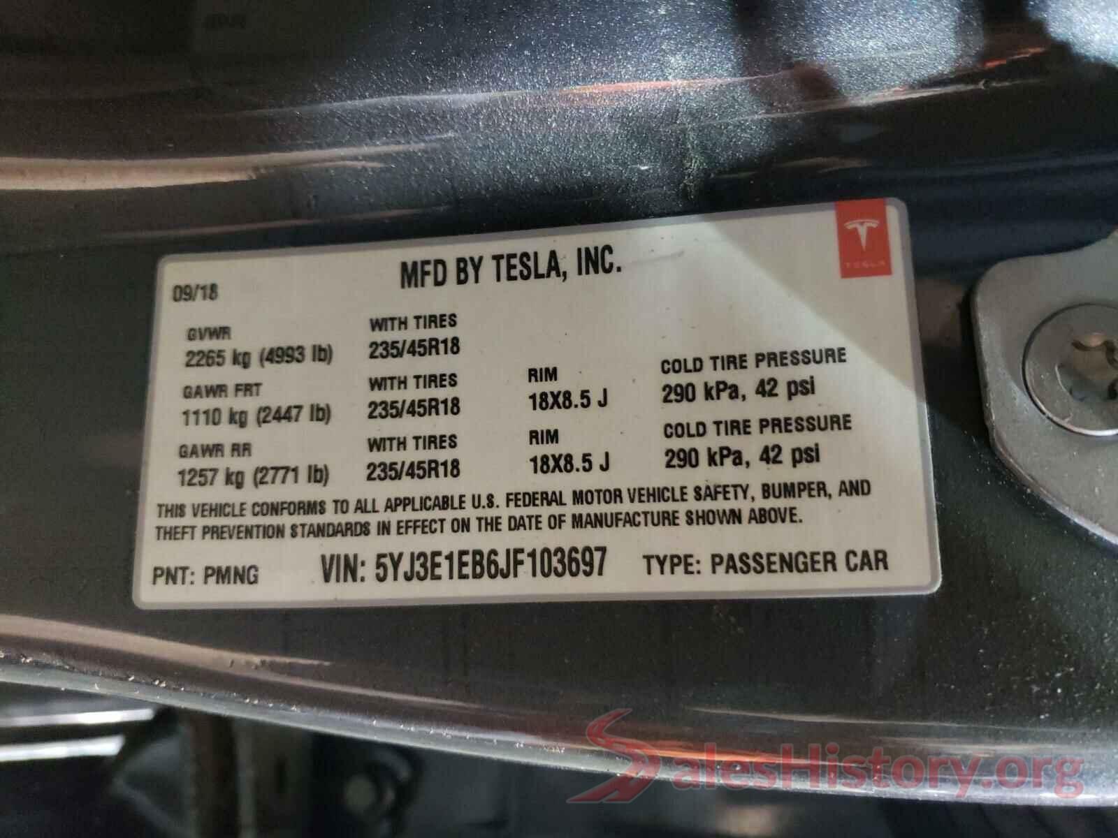 5YJ3E1EB6JF103697 2018 TESLA MODEL 3