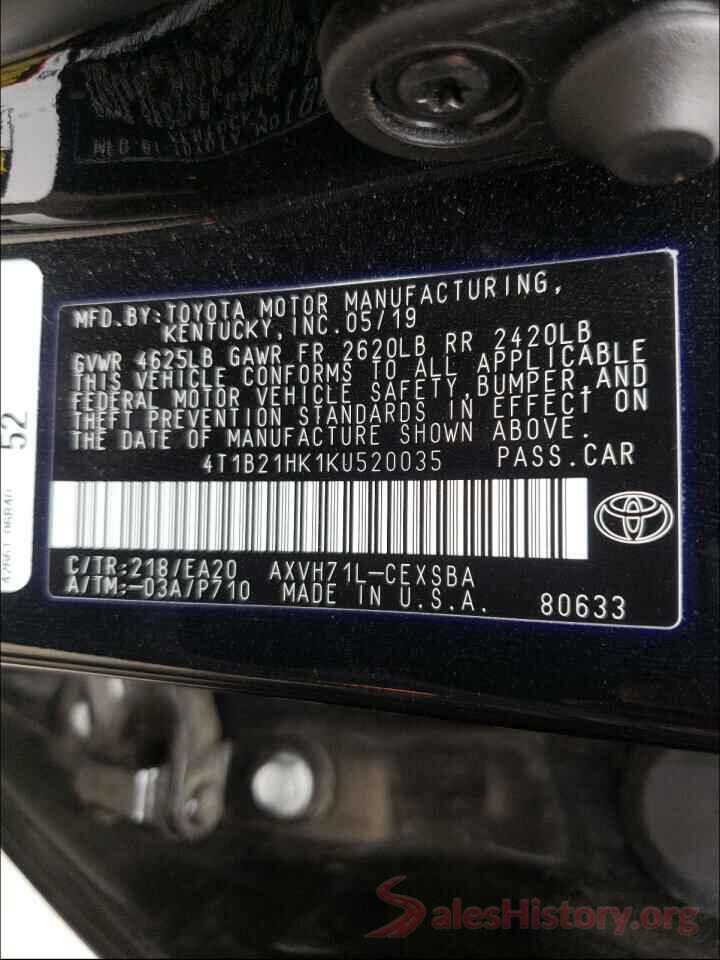 4T1B21HK1KU520035 2019 TOYOTA CAMRY