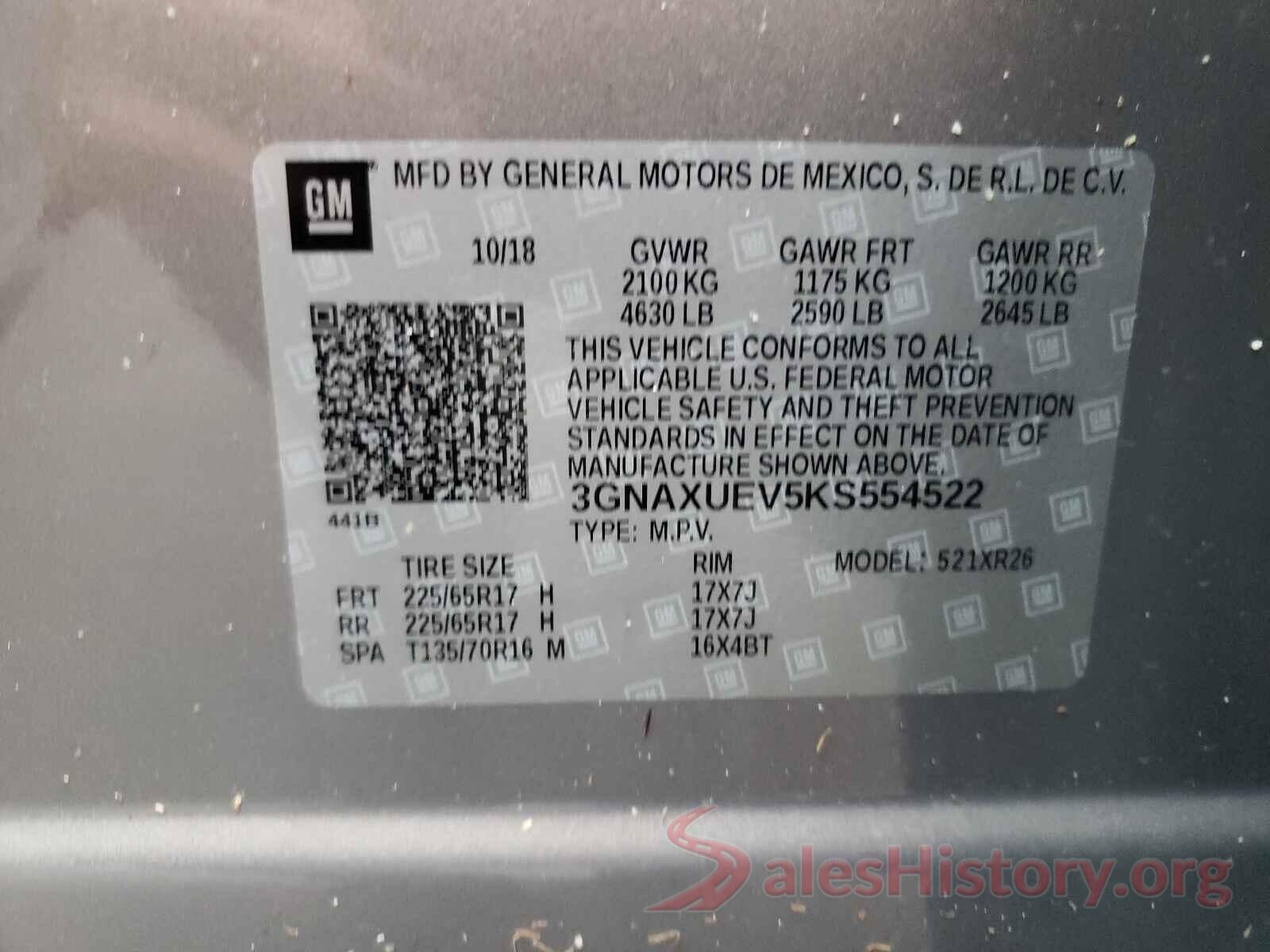 3GNAXUEV5KS554522 2019 CHEVROLET EQUINOX