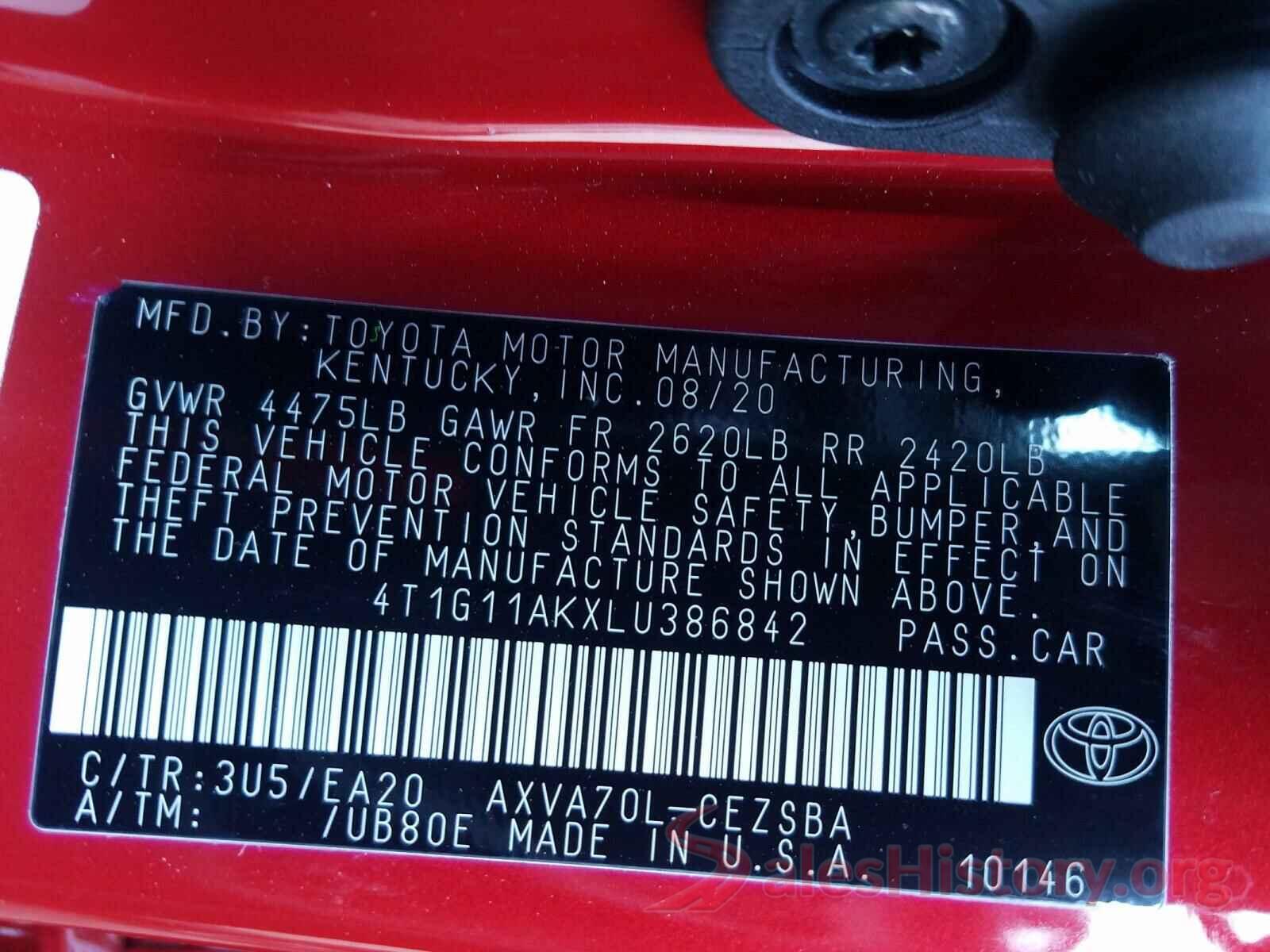 4T1G11AKXLU386842 2020 TOYOTA CAMRY