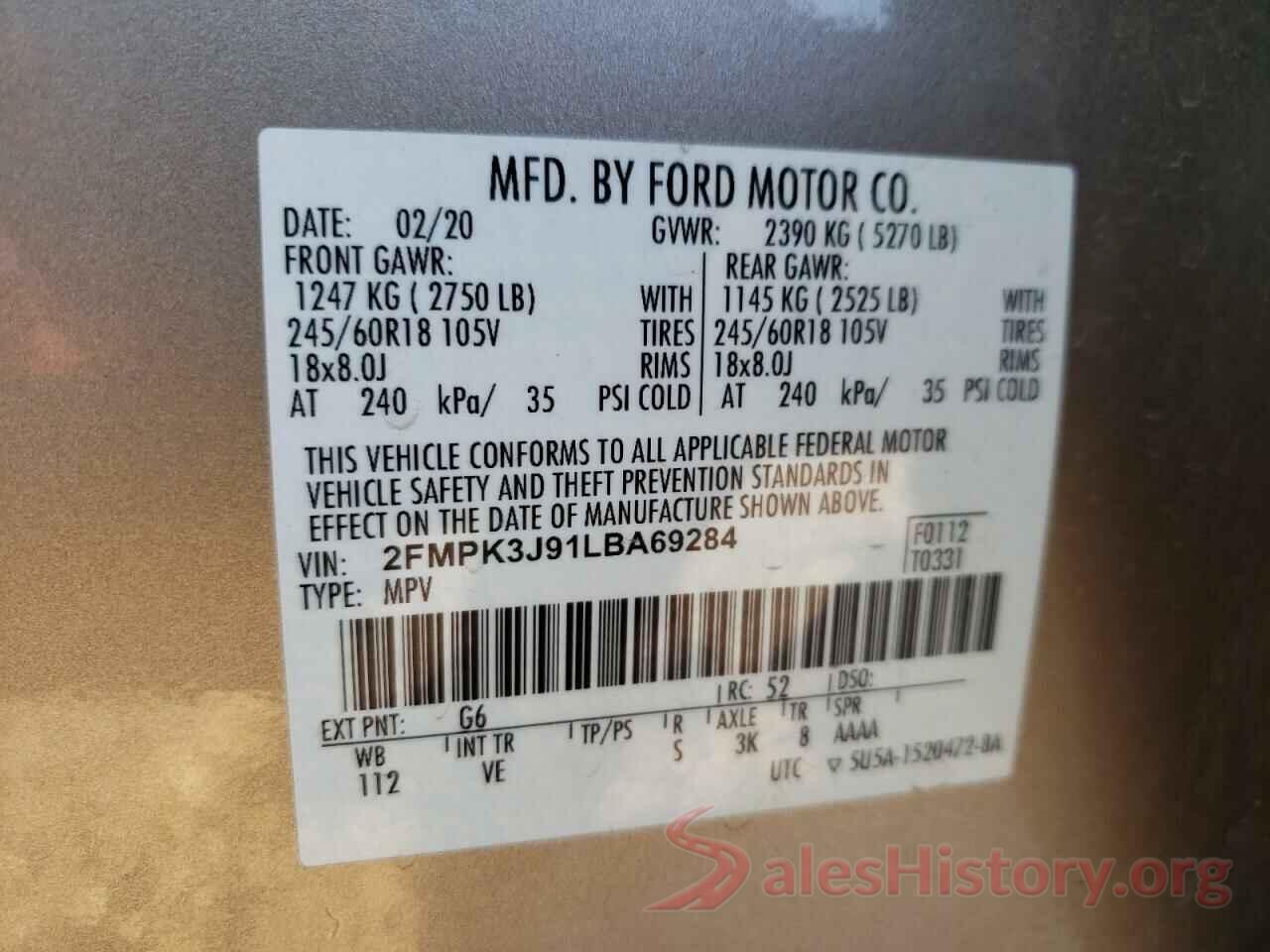 2FMPK3J91LBA69284 2020 FORD EDGE