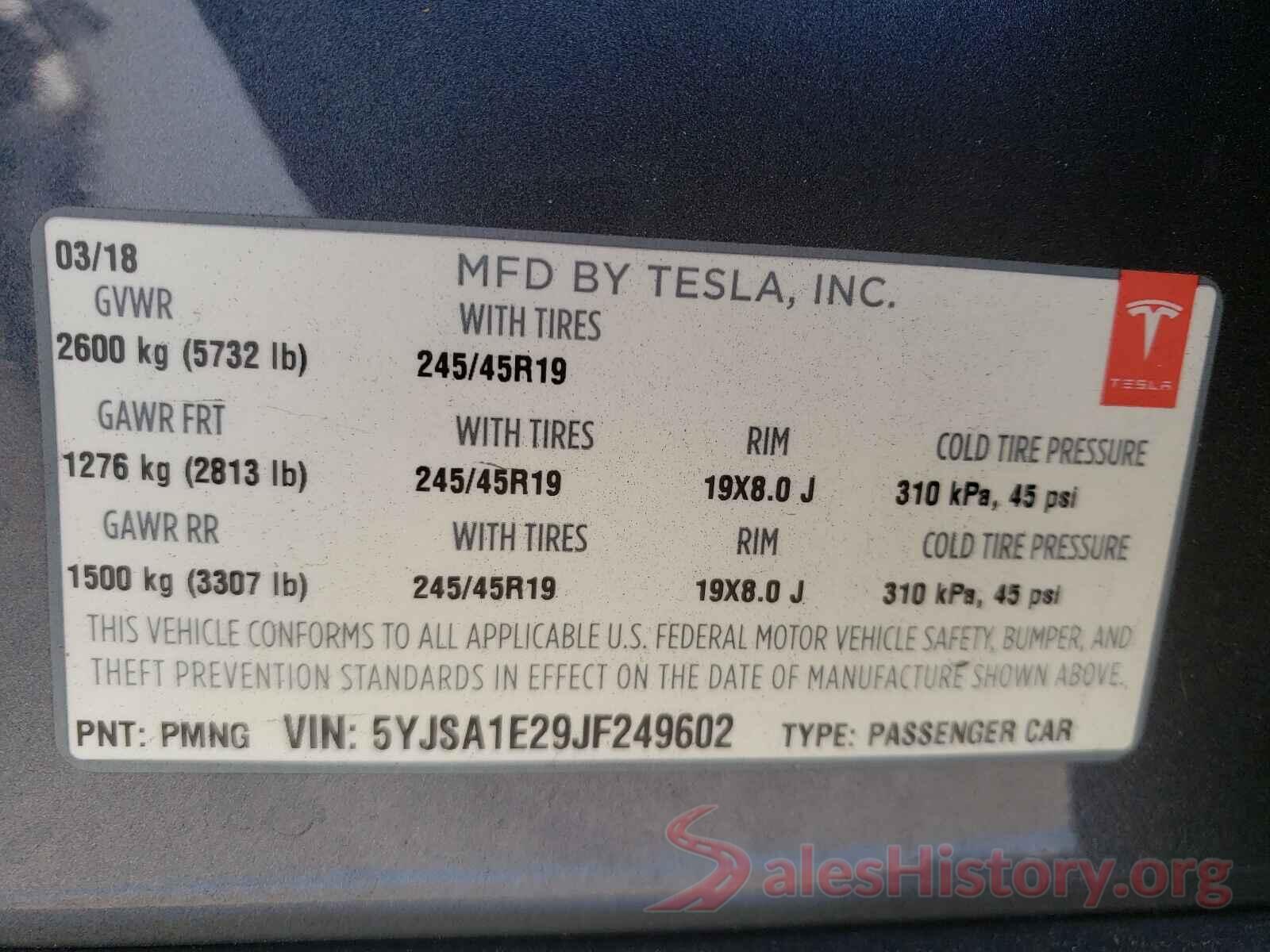 5YJSA1E29JF249602 2018 TESLA MODEL S