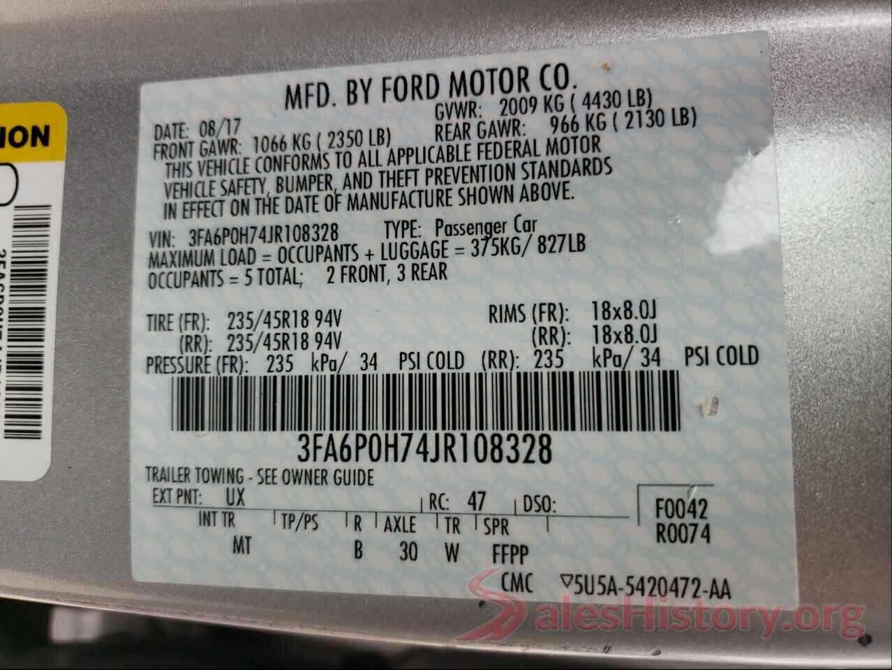 3FA6P0H74JR108328 2018 FORD FUSION