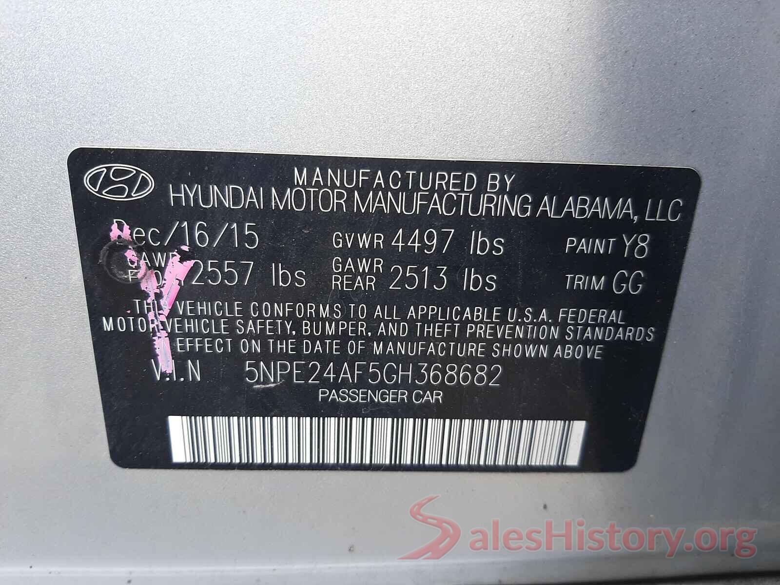 5NPE24AF5GH368682 2016 HYUNDAI SONATA