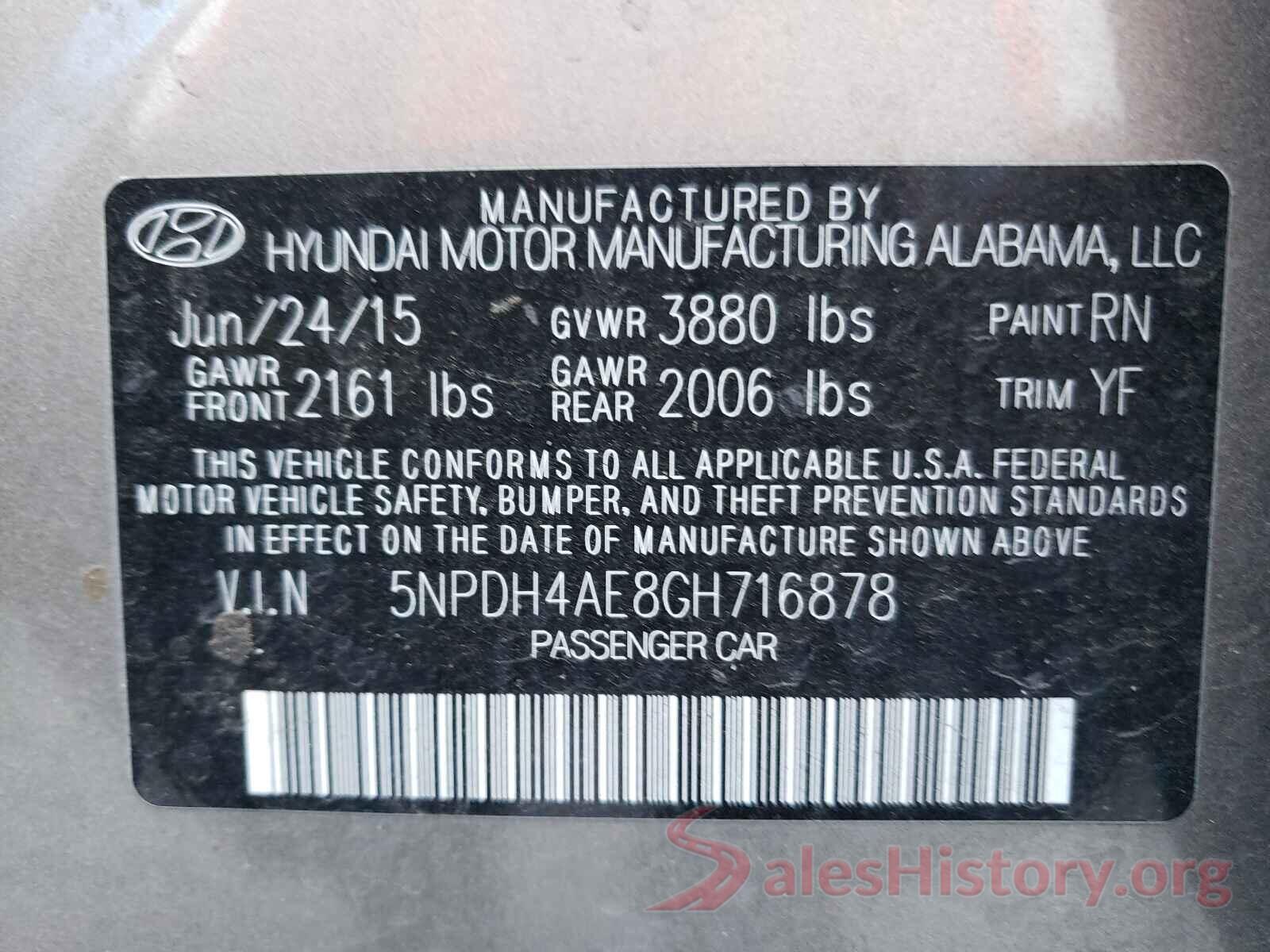 5NPDH4AE8GH716878 2016 HYUNDAI ELANTRA