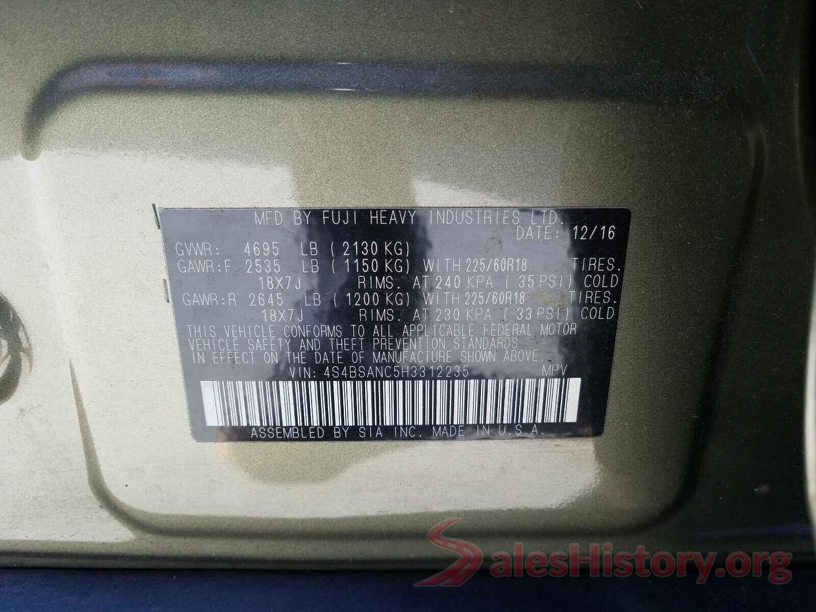 4S4BSANC5H3312235 2017 SUBARU OUTBACK