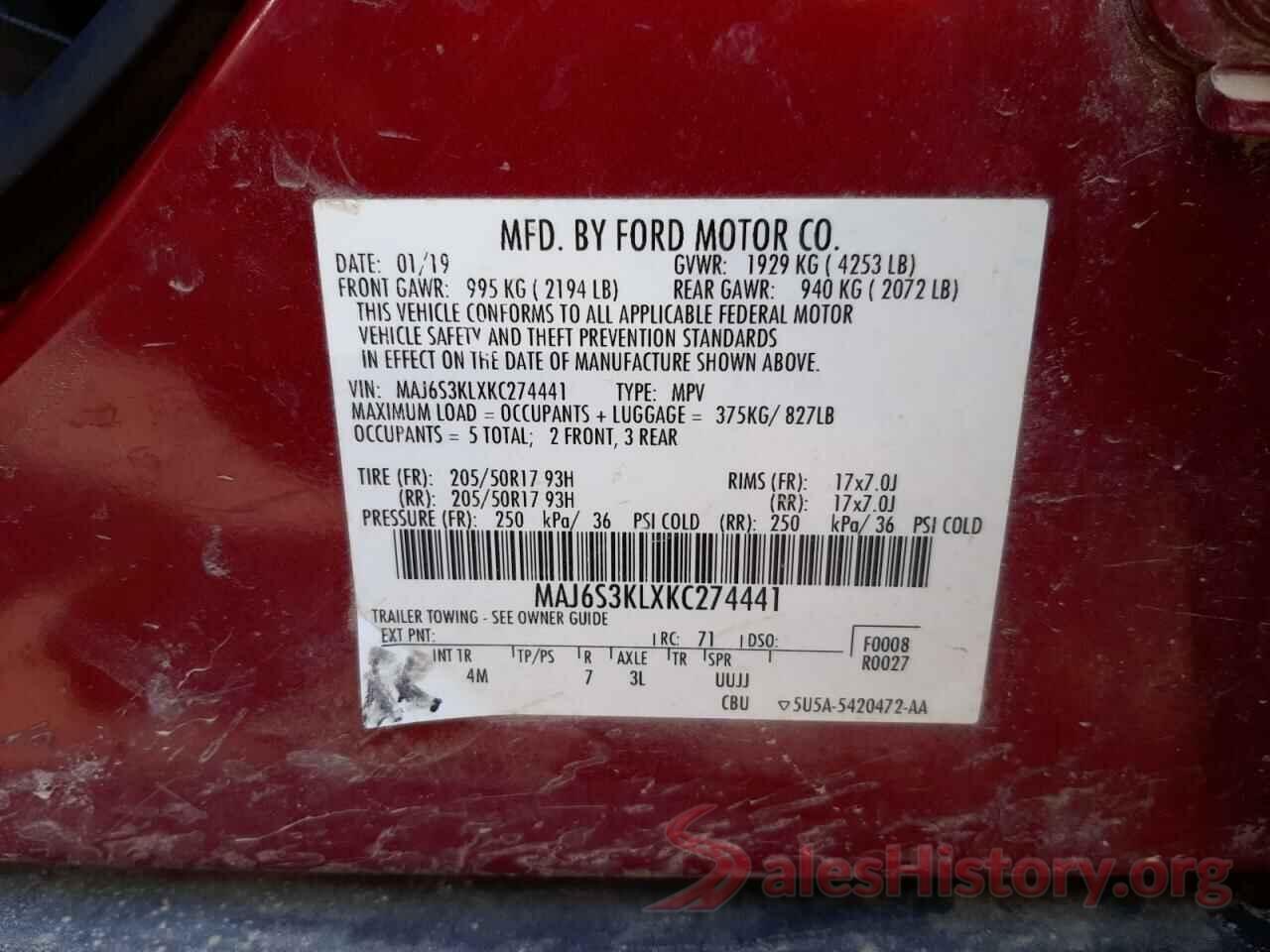 MAJ6S3KLXKC274441 2019 FORD ECOSPORT