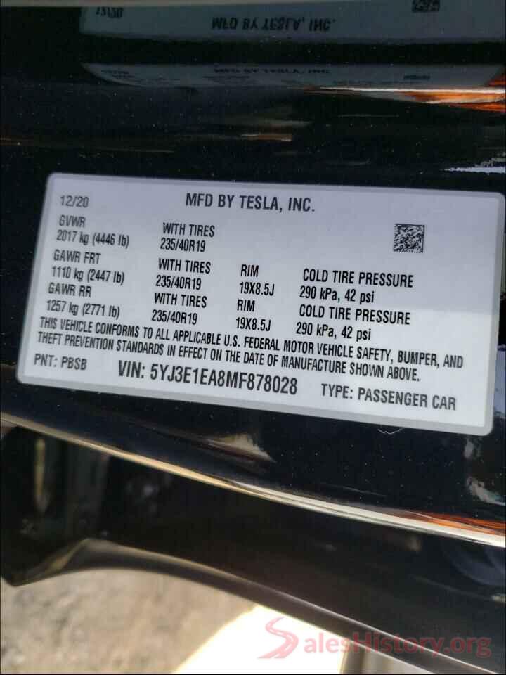 5YJ3E1EA8MF878028 2021 TESLA MODEL 3