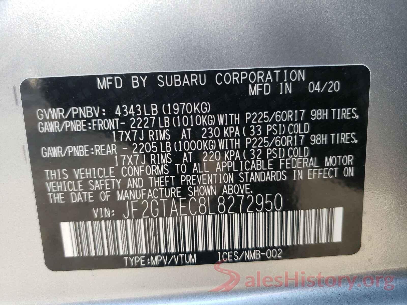 JF2GTAEC8L8272950 2020 SUBARU CROSSTREK