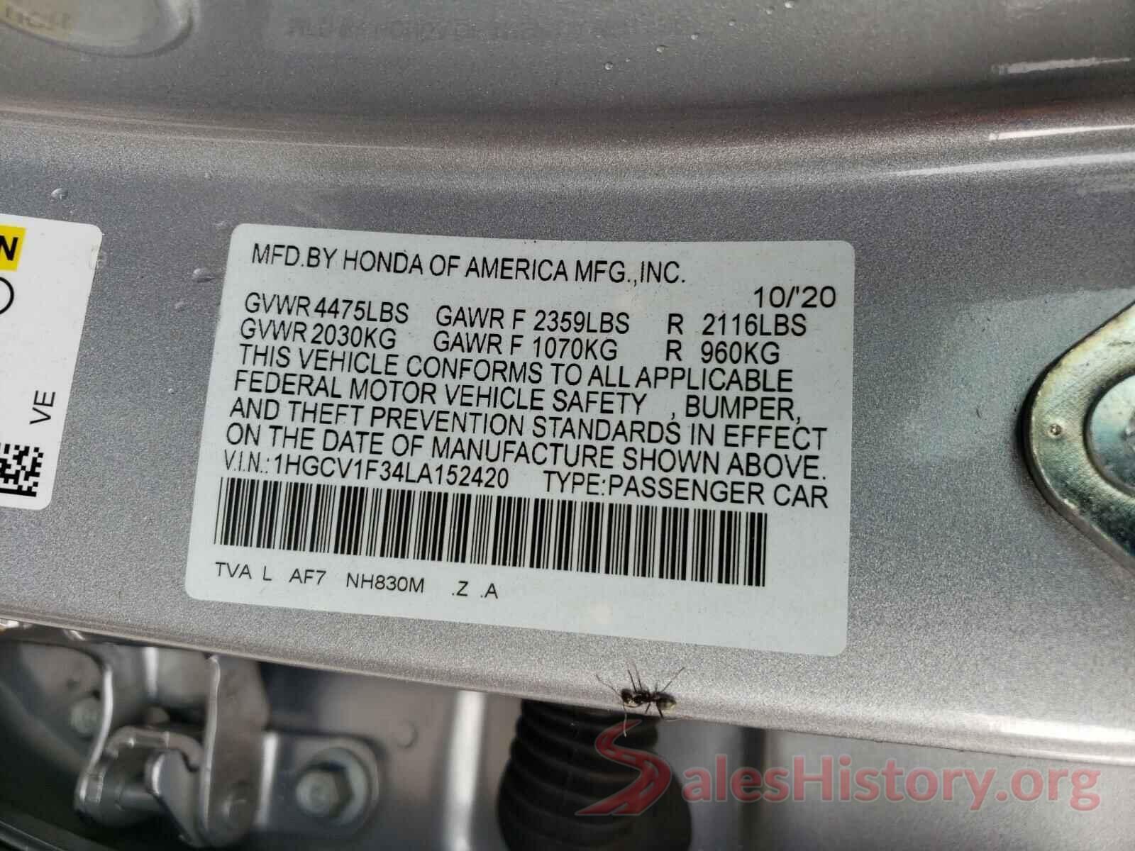 1HGCV1F34LA152420 2020 HONDA ACCORD