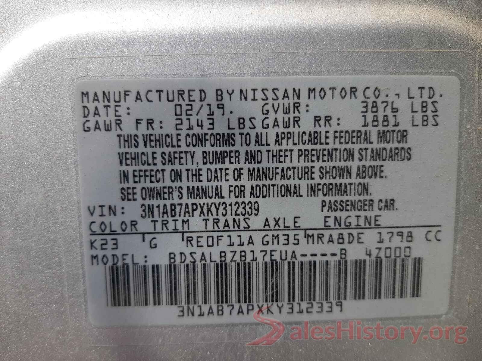 3N1AB7APXKY312339 2019 NISSAN SENTRA