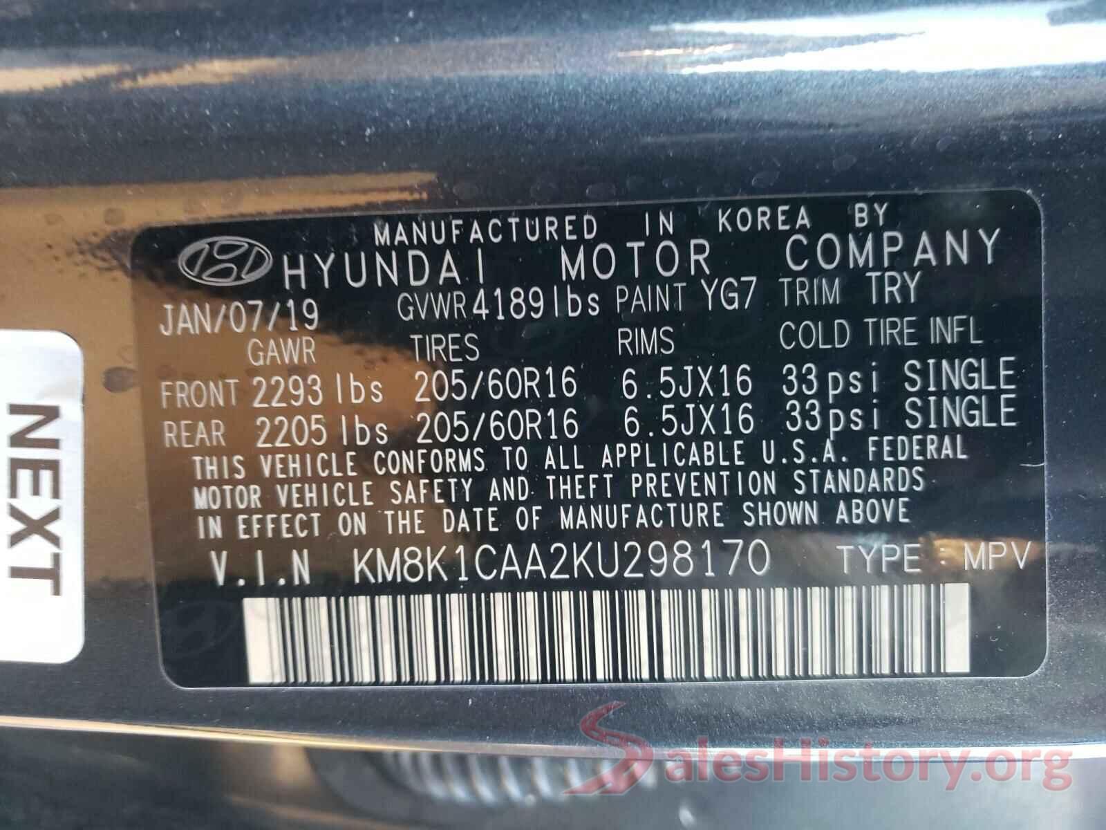 KM8K1CAA2KU298170 2019 HYUNDAI KONA