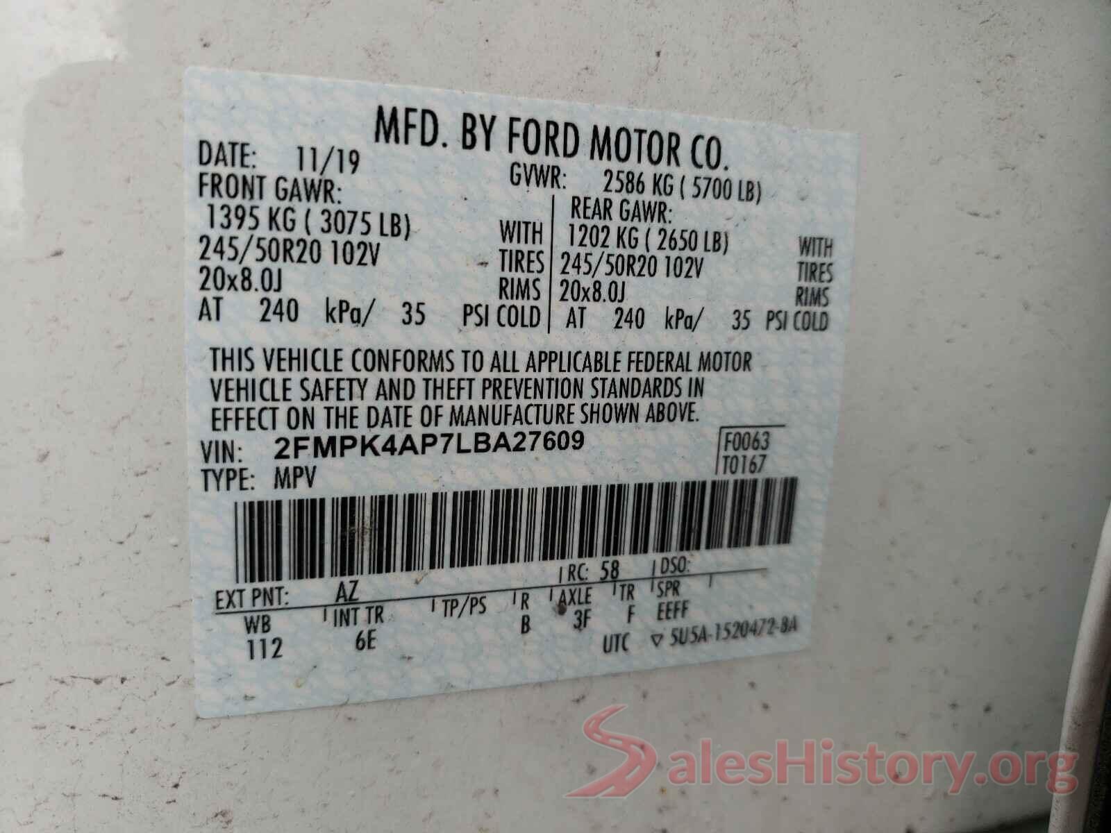 2FMPK4AP7LBA27609 2020 FORD EDGE