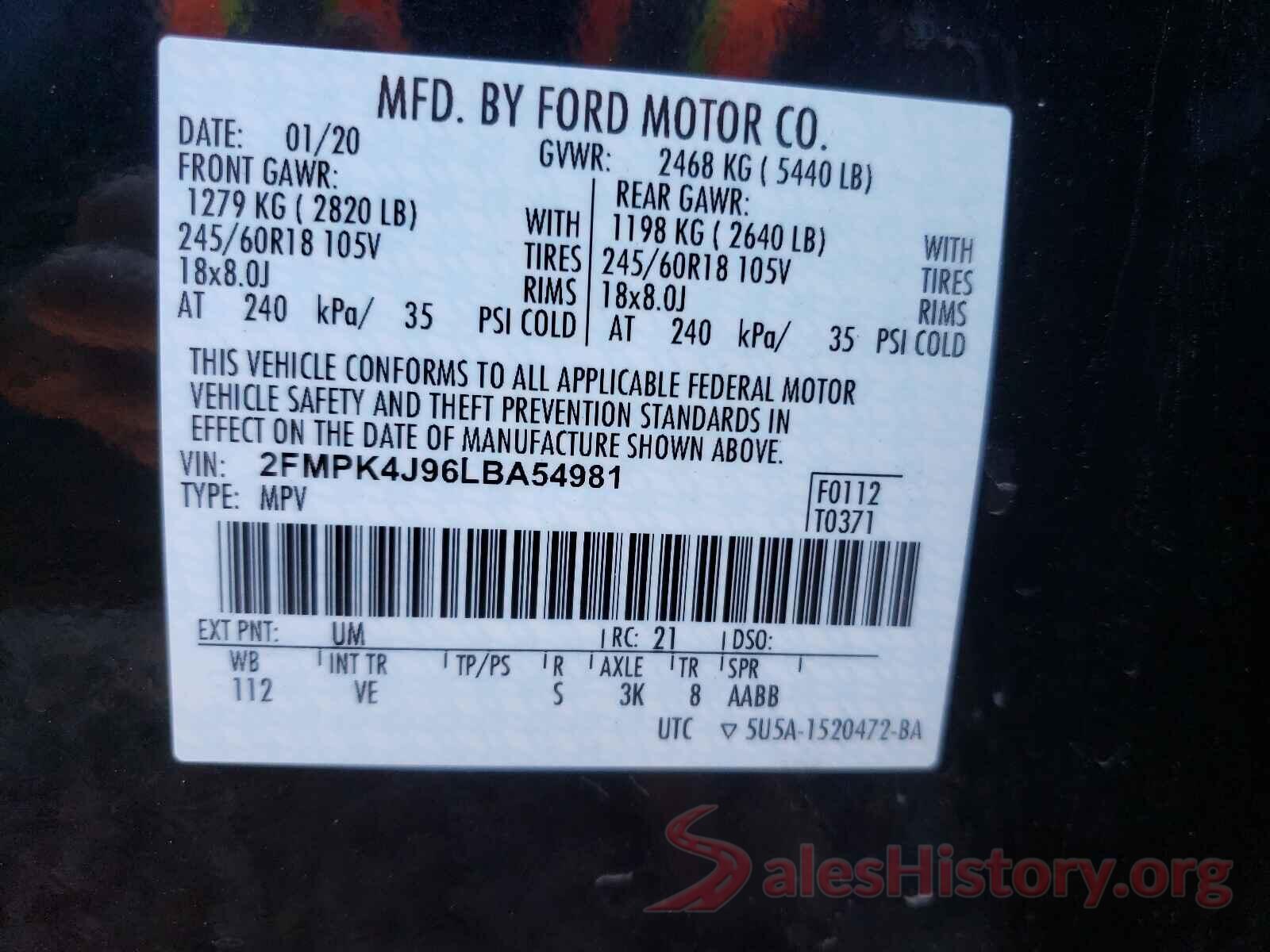 2FMPK4J96LBA54981 2020 FORD EDGE