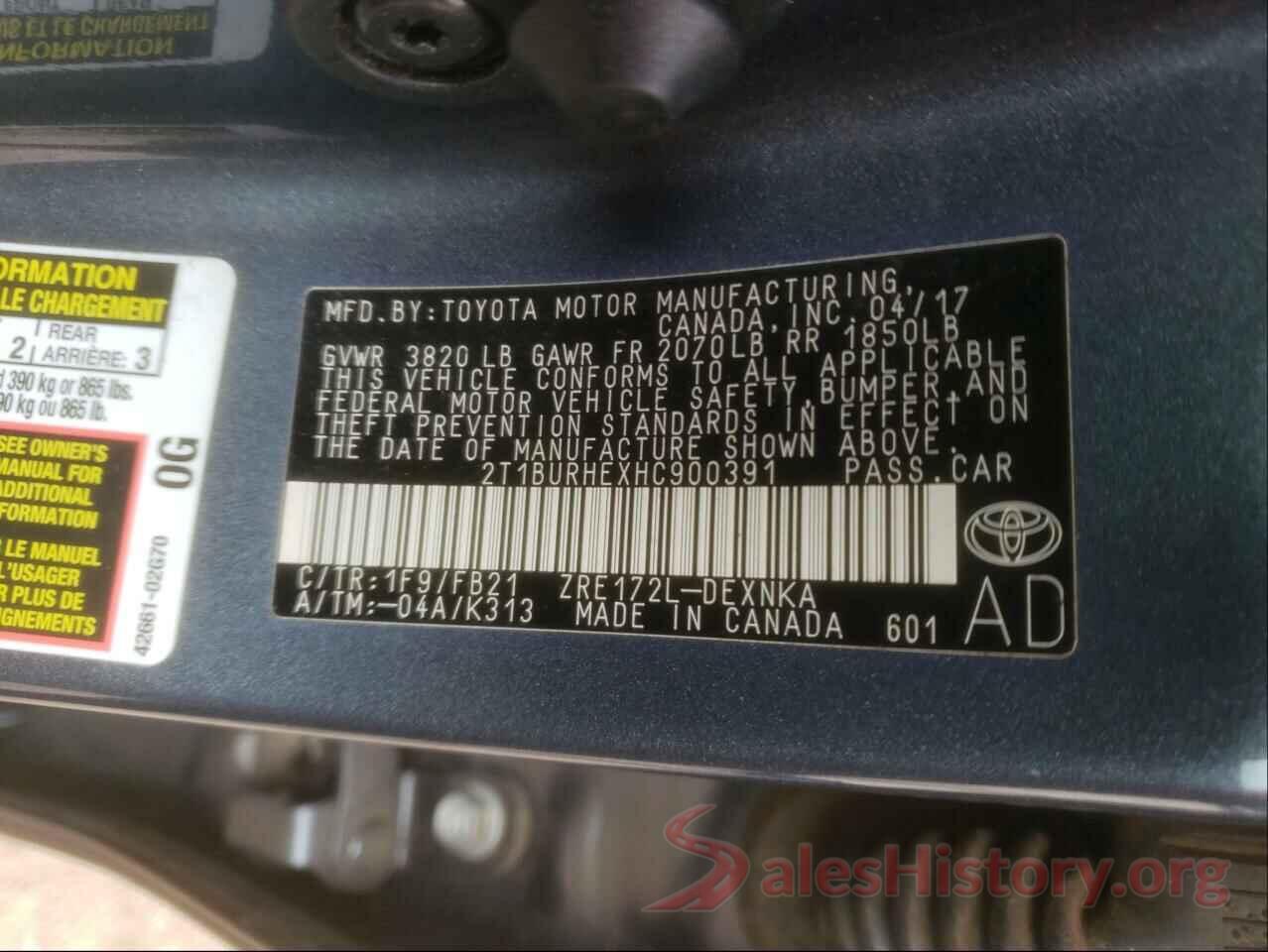 2T1BURHEXHC900391 2017 TOYOTA COROLLA