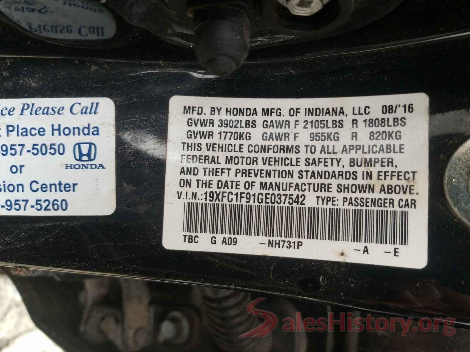 19XFC1F91GE037542 2016 HONDA CIVIC