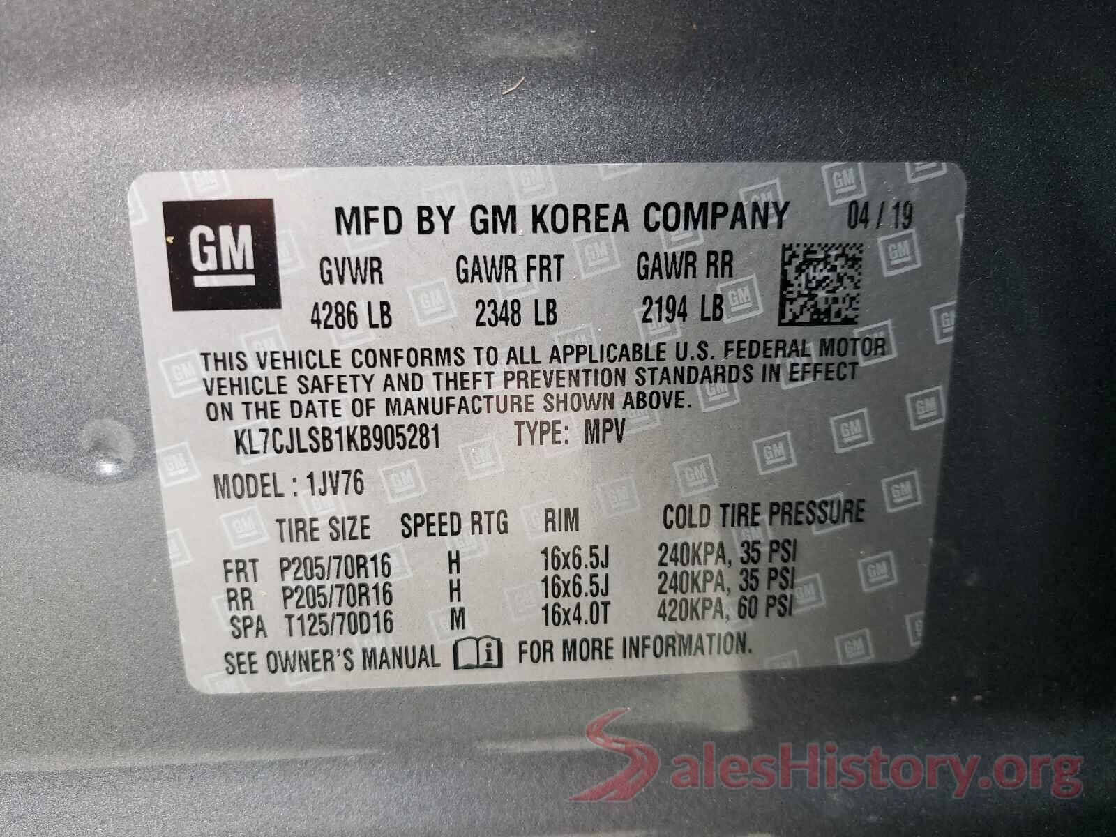 KL7CJLSB1KB905281 2019 CHEVROLET TRAX