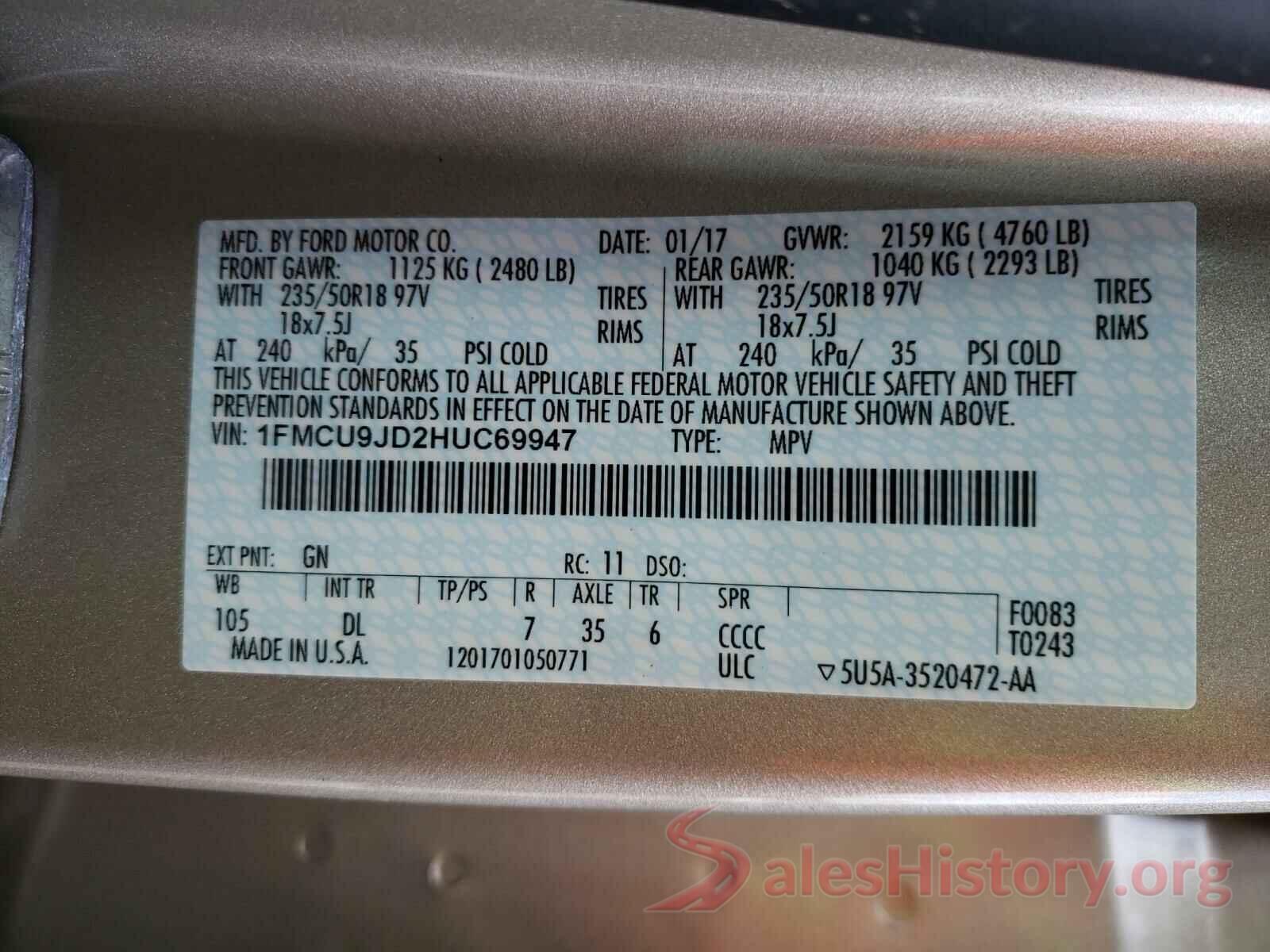 1FMCU9JD2HUC69947 2017 FORD ESCAPE