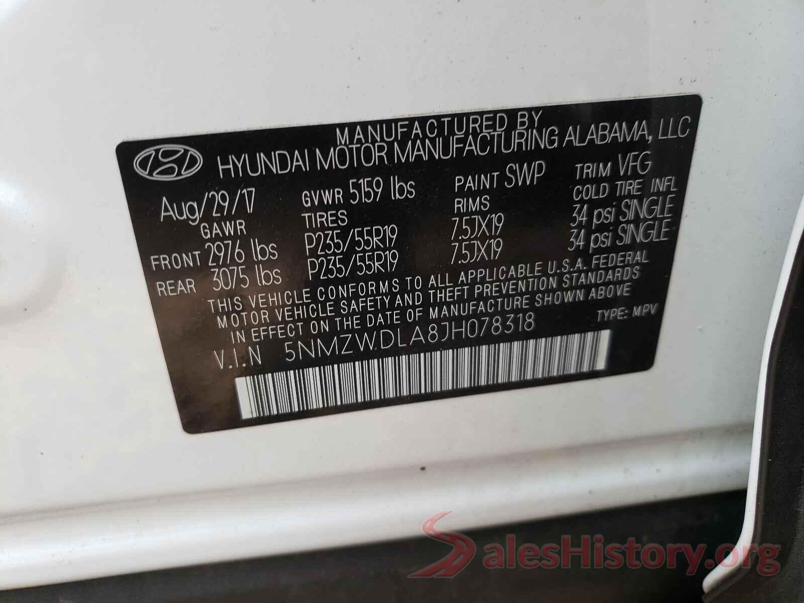 5NMZWDLA8JH078318 2018 HYUNDAI SANTA FE