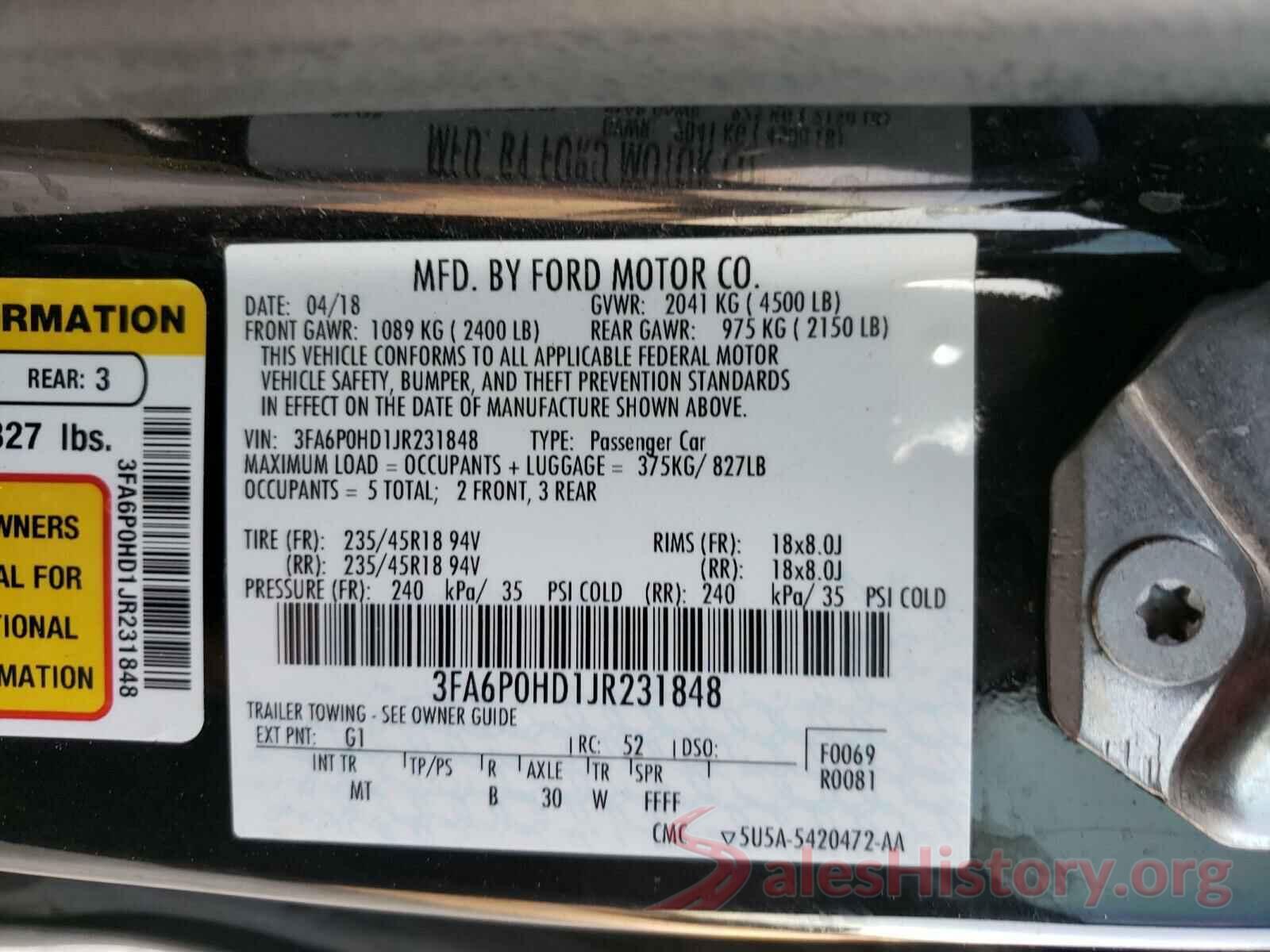 3FA6P0HD1JR231848 2018 FORD FUSION