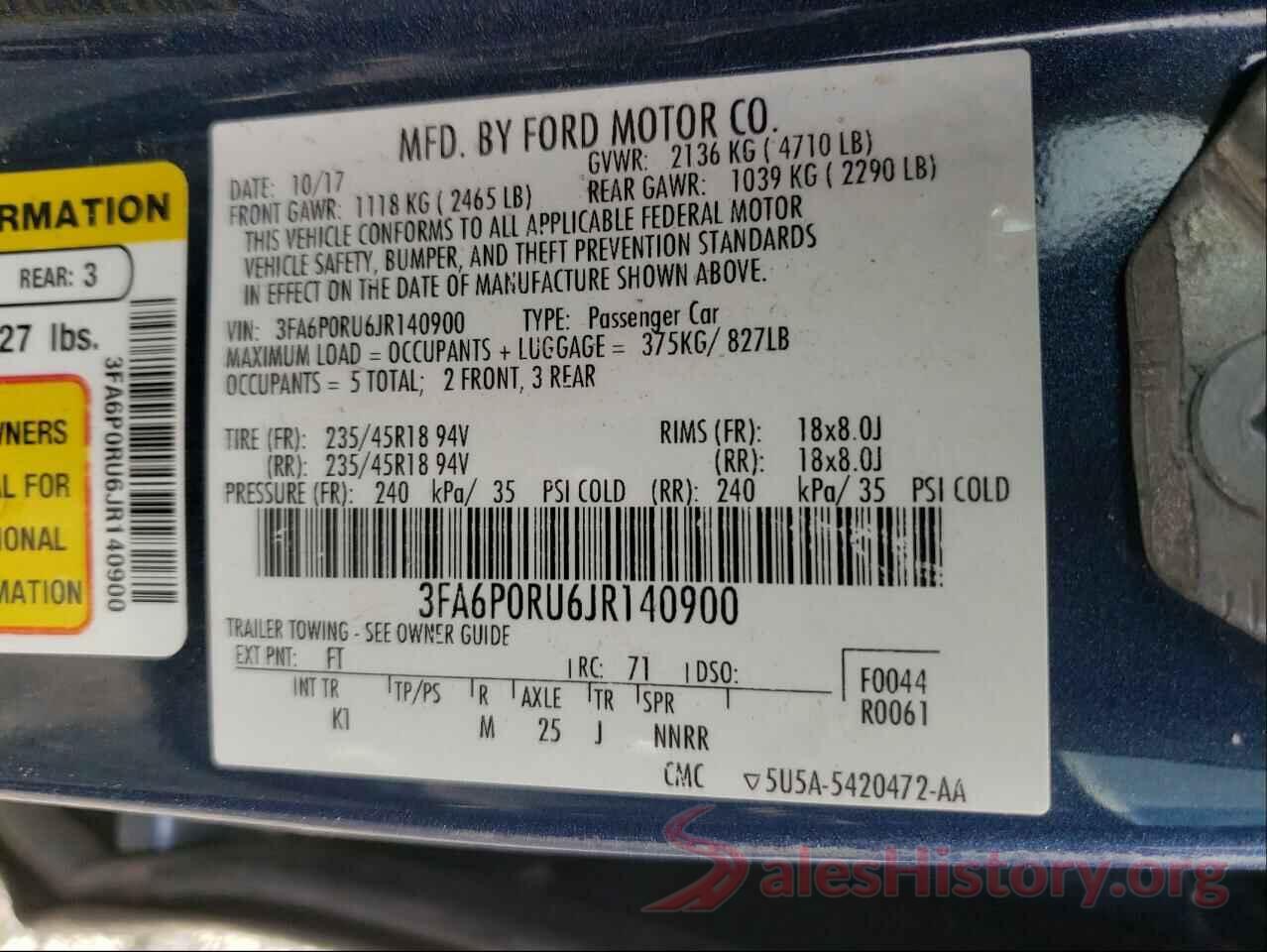 3FA6P0RU6JR140900 2018 FORD FUSION