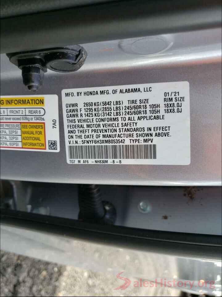 5FNYF6H3XMB053542 2021 HONDA PILOT