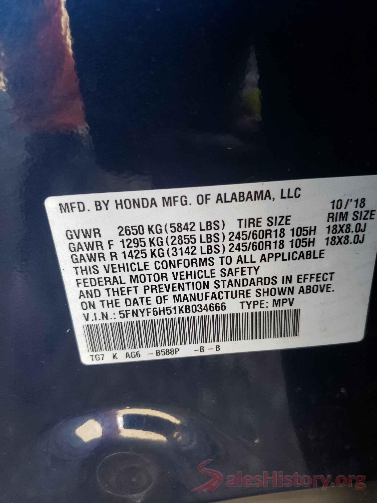 5FNYF6H51KB034666 2019 HONDA PILOT