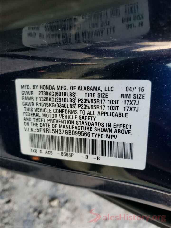 5FNRL5H37GB099566 2016 HONDA ODYSSEY