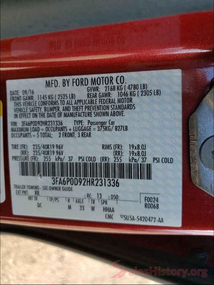 3FA6P0D92HR231336 2017 FORD FUSION